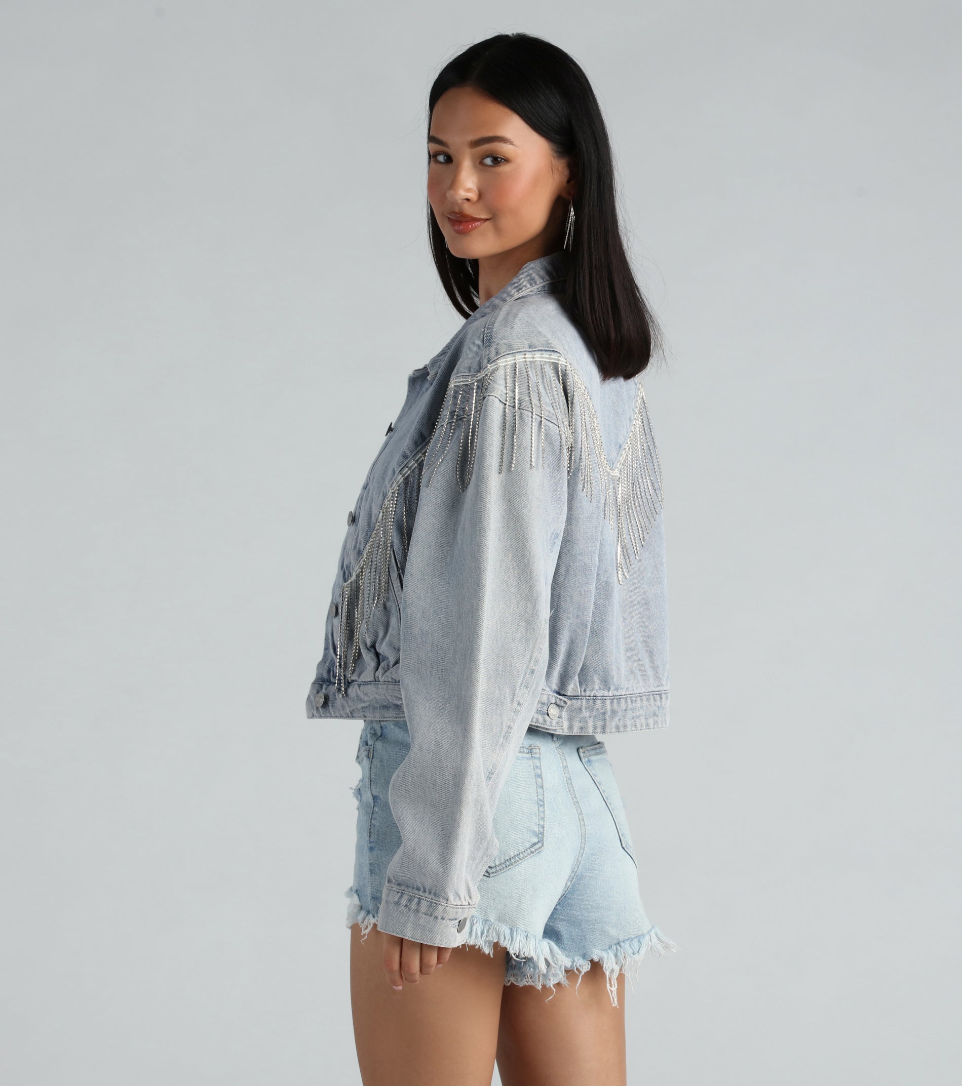 Rocker-Chic Rhinestone Fringe Denim Jacket