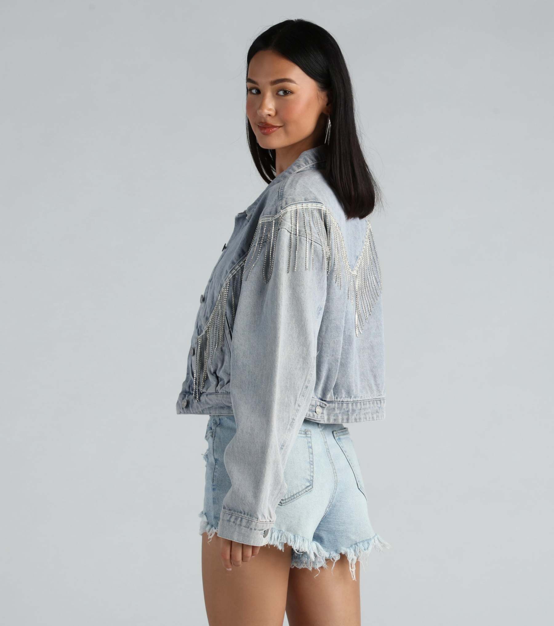 Rocker-Chic Rhinestone Fringe Denim Jacket