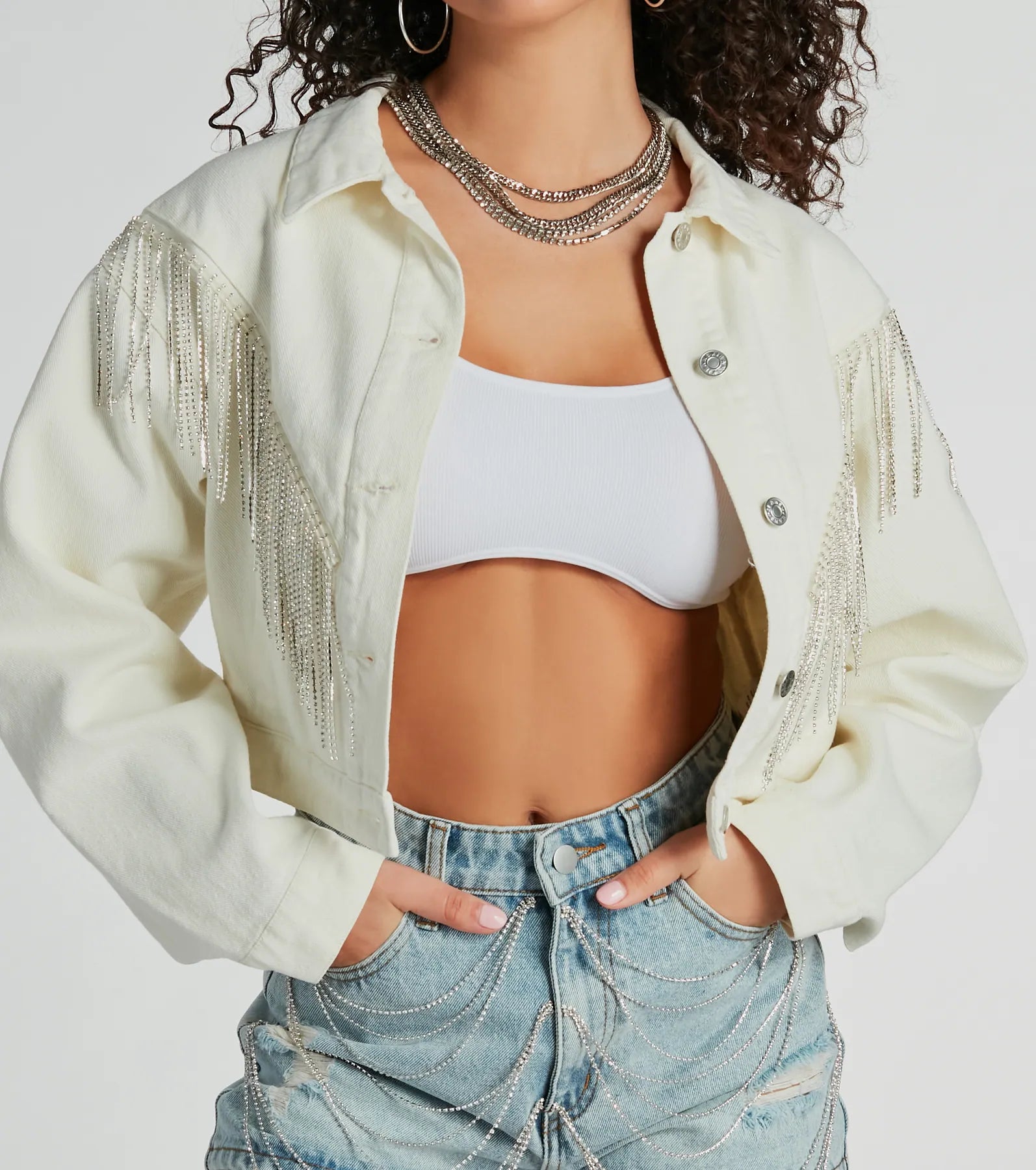 Rocker-Chic Rhinestone Fringe Denim Jacket