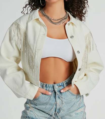 Rocker-Chic Rhinestone Fringe Denim Jacket
