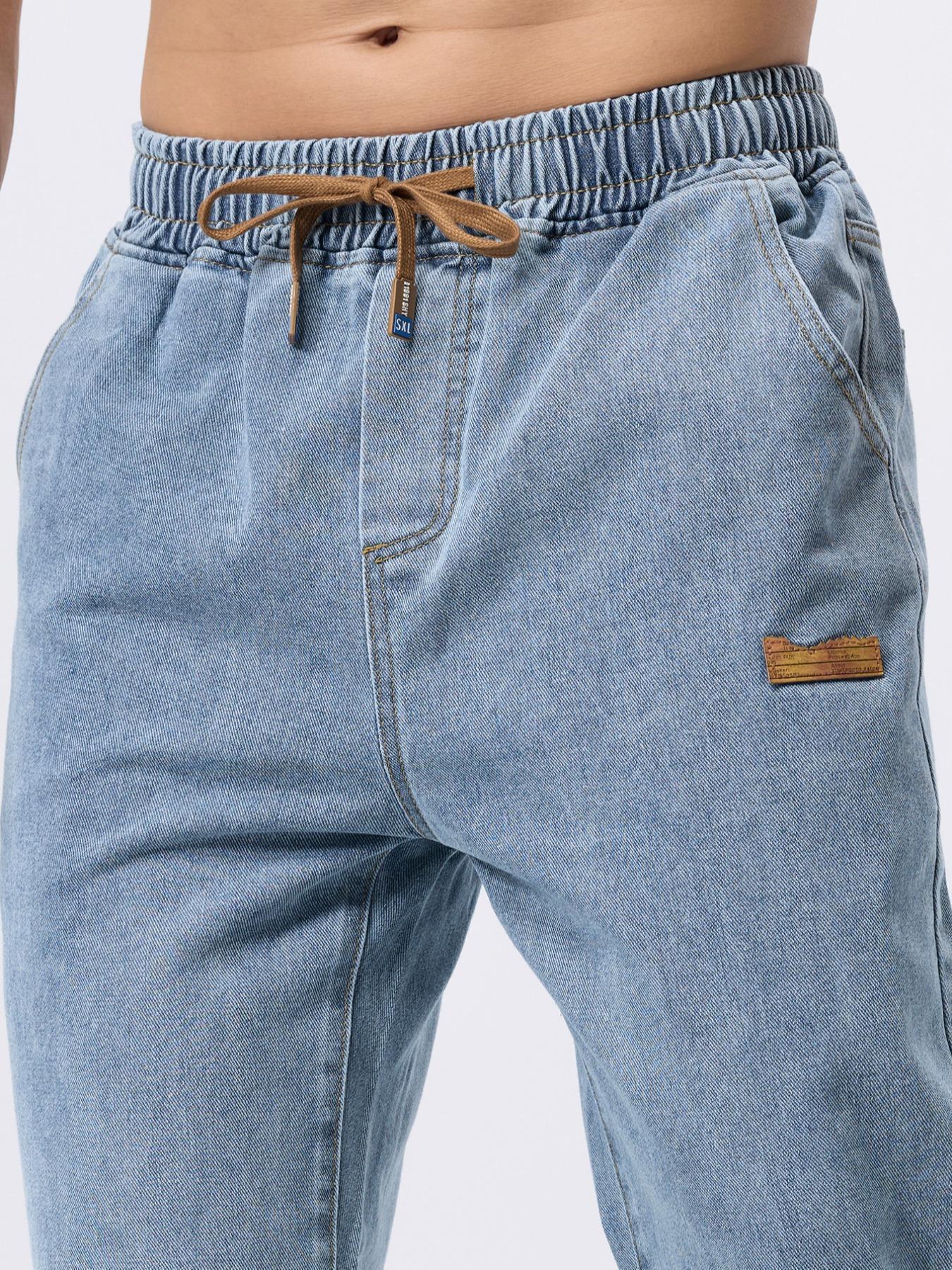 Men's Drawstring Waist Straight-Cut Jeans Washed Vintage Denim Pants