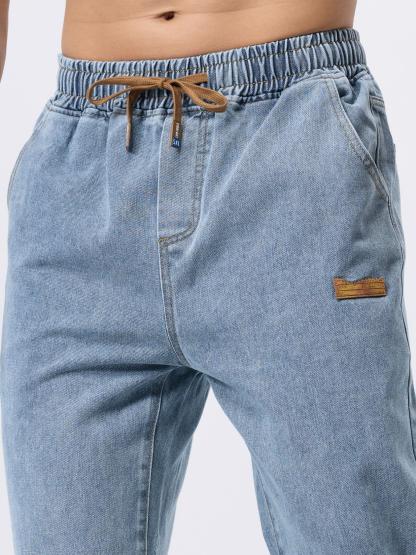 Men's Drawstring Waist Straight-Cut Jeans Washed Vintage Denim Pants