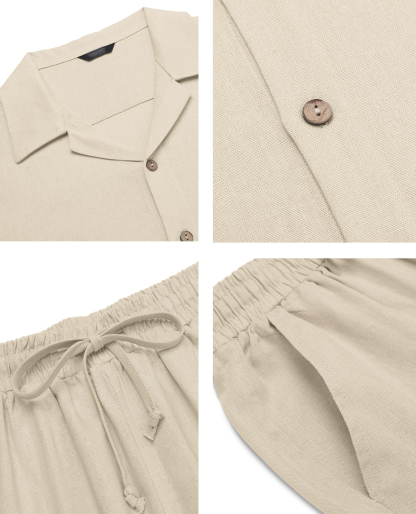 🔥Hot Summer Pick - Men's 2-Piece Linen Outfit Beach Button Down Shirt & Casual Loose Pant Set