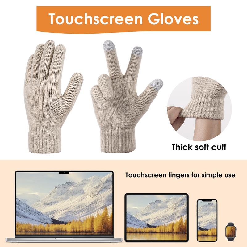 3PC Womens Winter Knit Hat Scarf and Gloves Set Fleece Lined Pom Pom Beanie Long Knit Scarf and Touchscreen Gloves Chic Warm Christmas gift sets