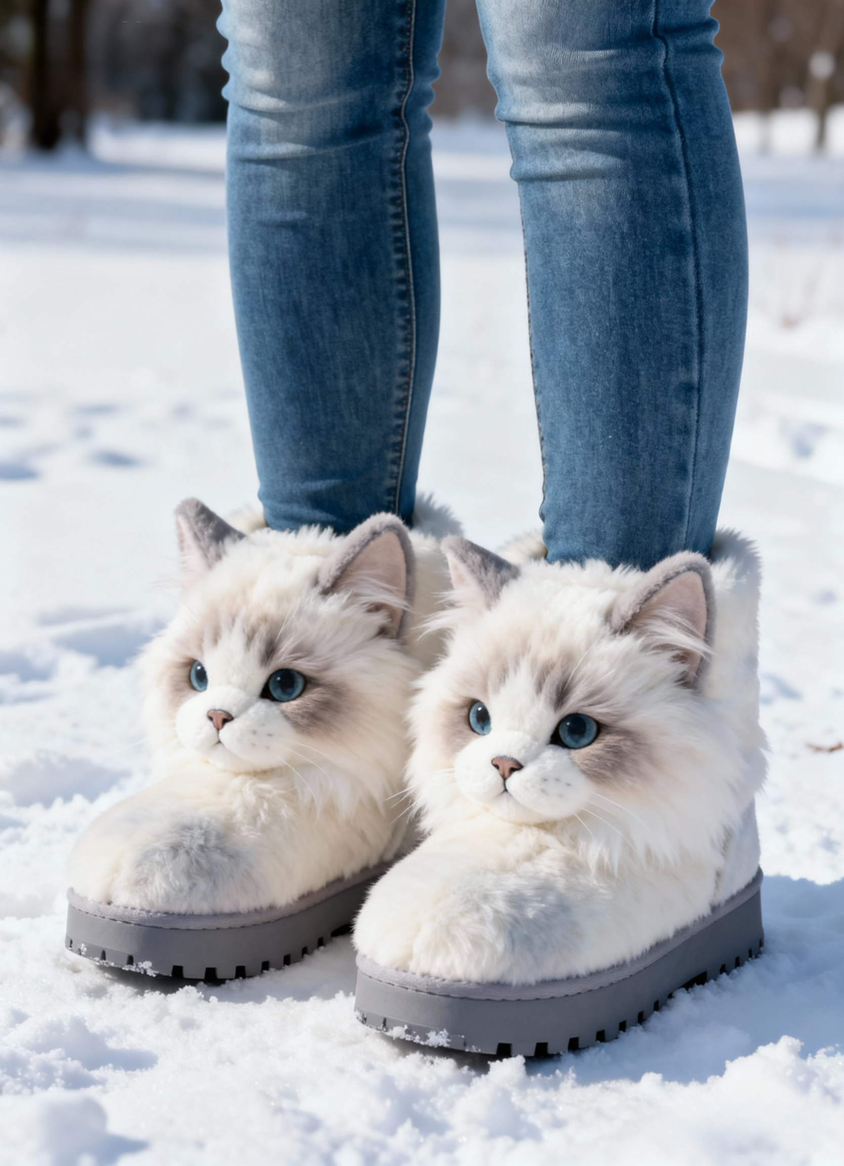 3D Adorable Ragdoll Cat Plush Snow Boots Fleece-Lined Non-slip Thick-soled Boots