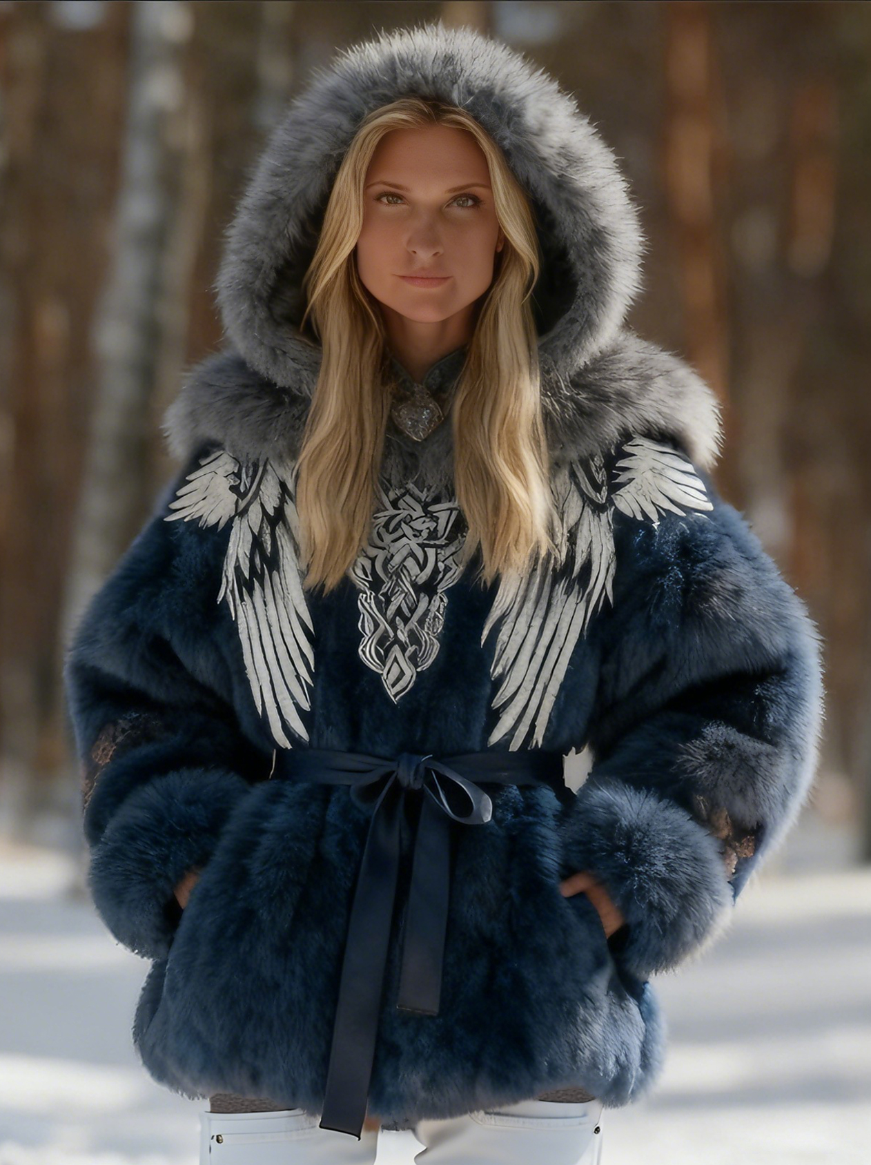 Viking Inspired Mythical Wing Embroidery Faux Fur Hooded Winter Coat With Belt