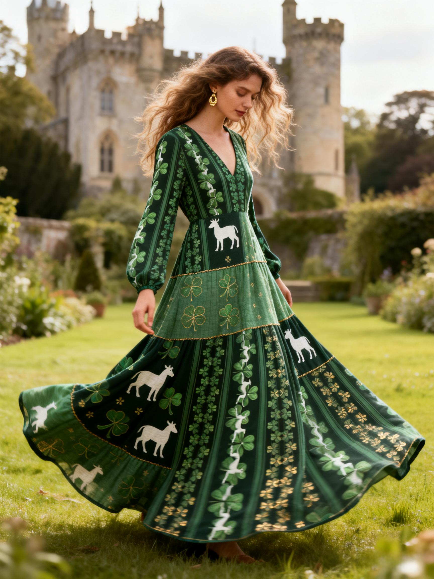 Clover & Unicorn Print V-neck Long Sleeve Linen Maxi Dress