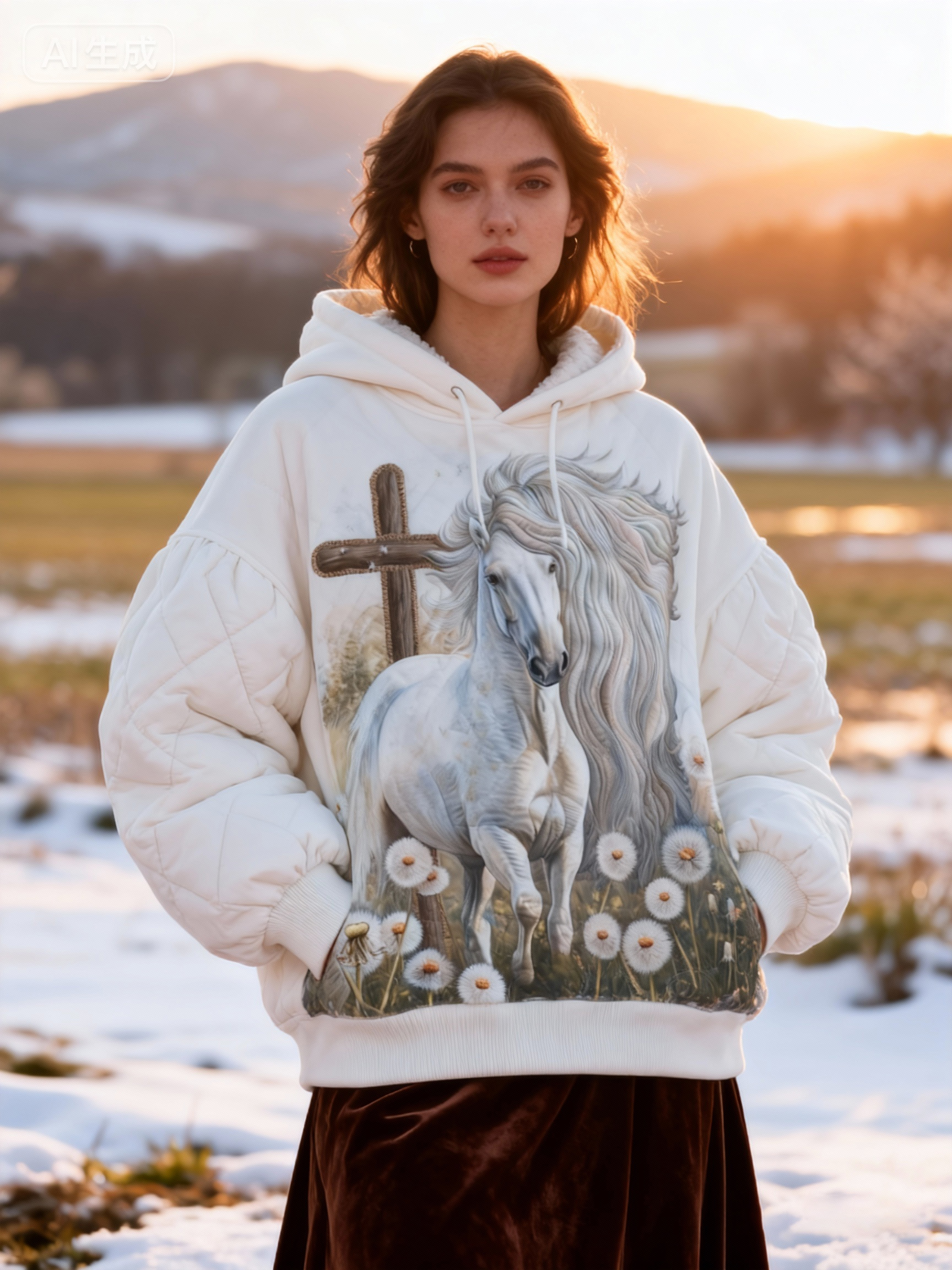 White Horse Cross & Dandelion Sherpa-Lined Quilt Hoodie