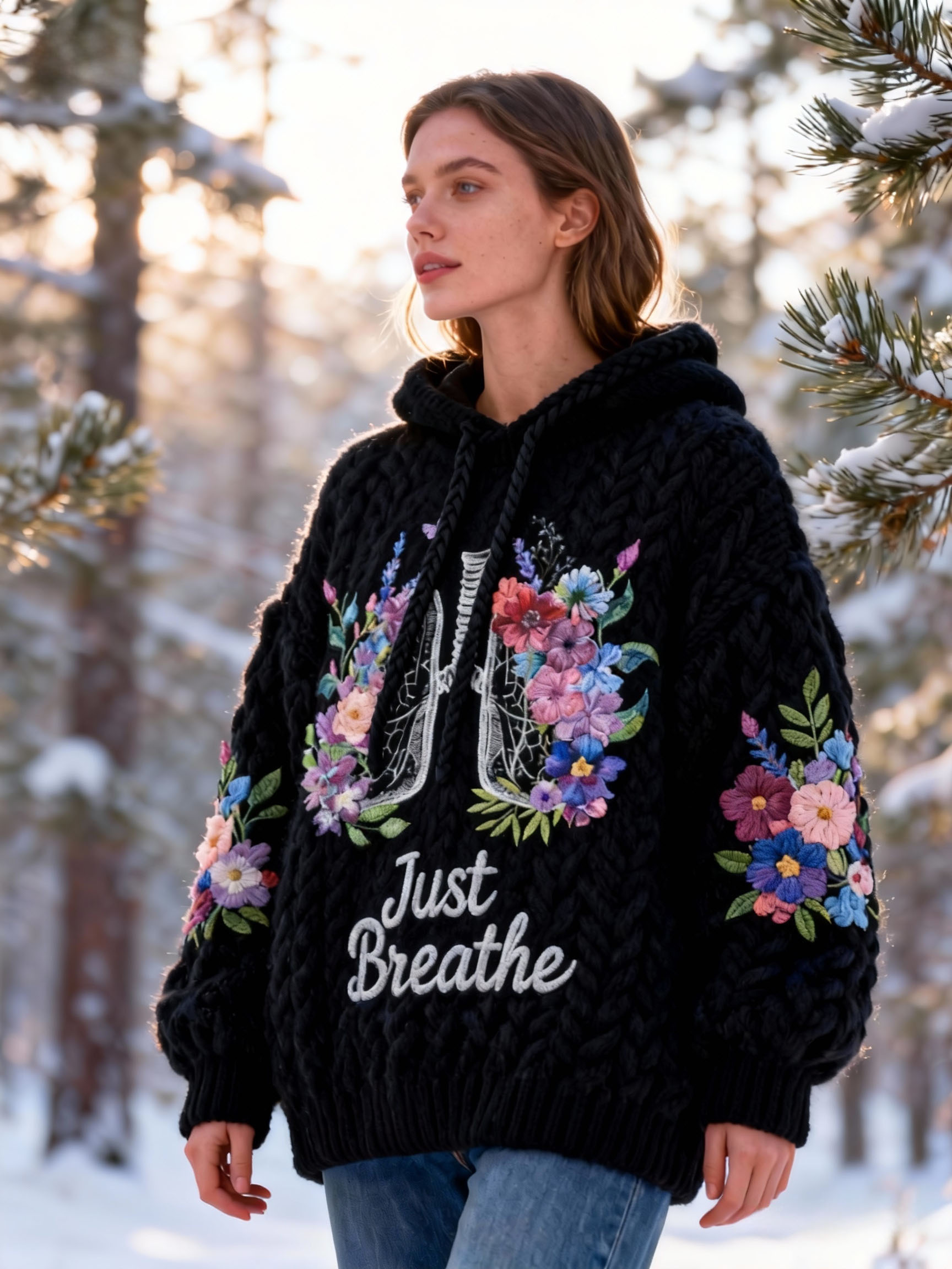 "Just Breathe" Lettering Floral Lung Embroidery Oversized Cable Knit Hooded Sweater Affirmations Mental Health Awareness Hoodie