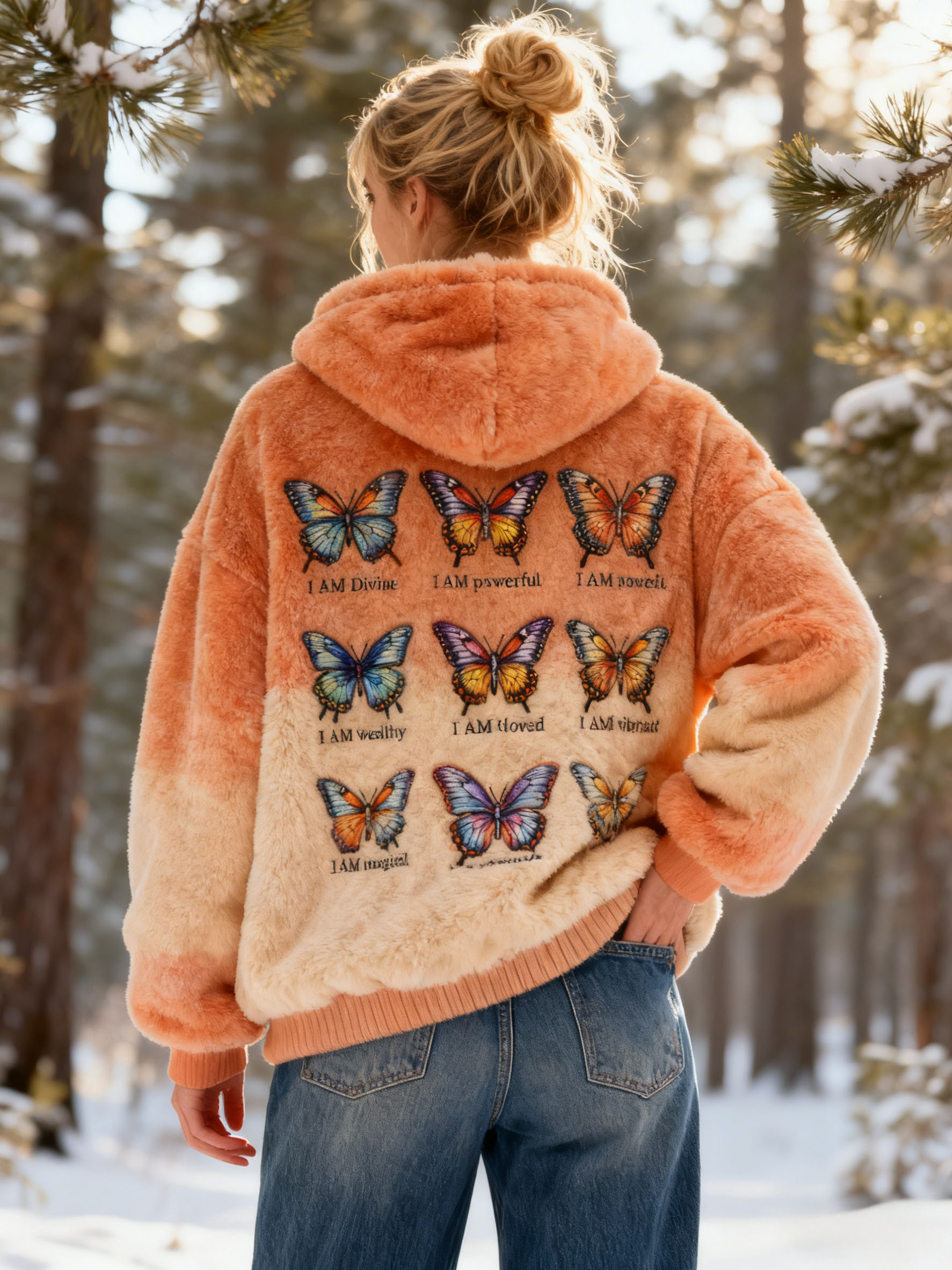 "I AM Divine/Powerful" Affirmation Quotes Butterfly Embroidery Tie-dye Fleece Hoodie Sweatshirt Flannel Oversized Cozy Soft Pullover