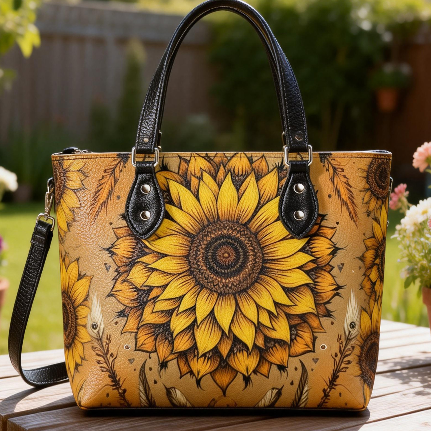 Boho Sunflower Print Stylish Vegan Leather Tote Bag Crossbody Handbag with Adjustable Strap