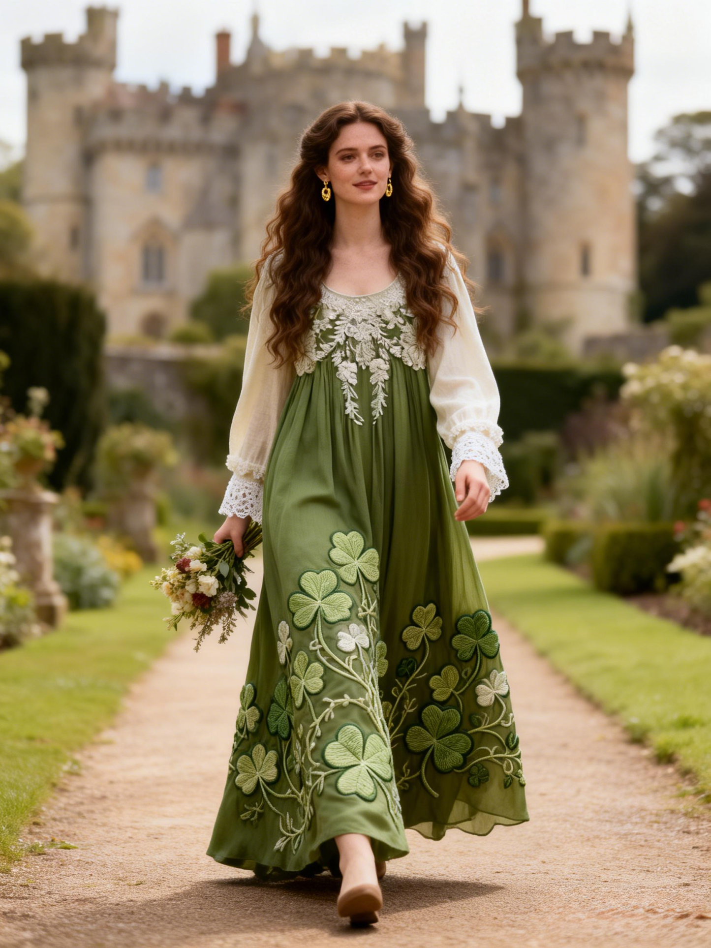 Clover Embroidered Long Sleeve Lace Maxi Dress 