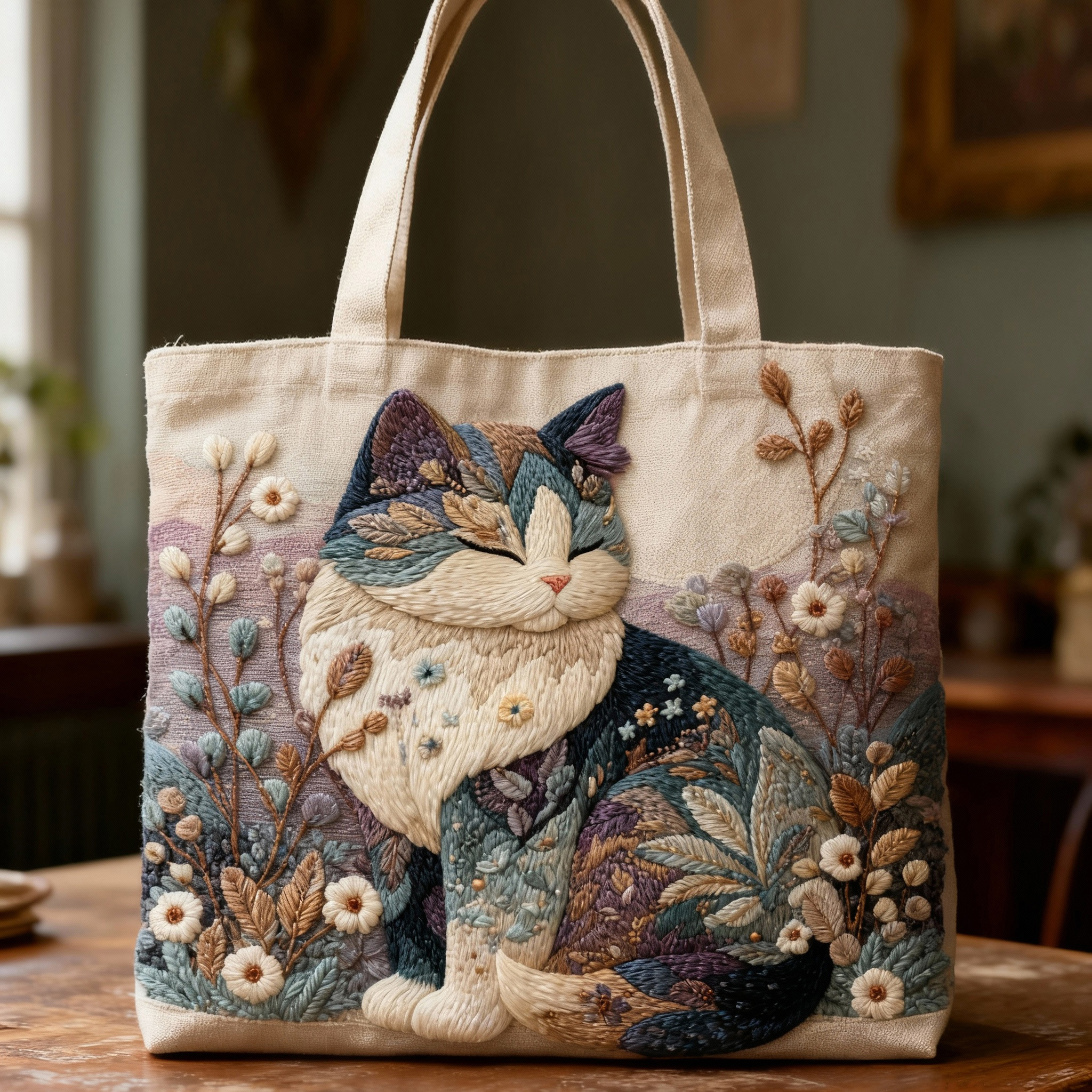 Whimsical Garden Calico Cat Floral 3D Embroidery Canvas Tote Bag 