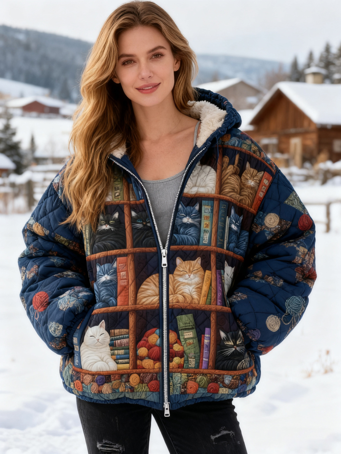 Cat & Bookcase Pattern Sherpa-Lined Oversized Hooded Puffer Jacket