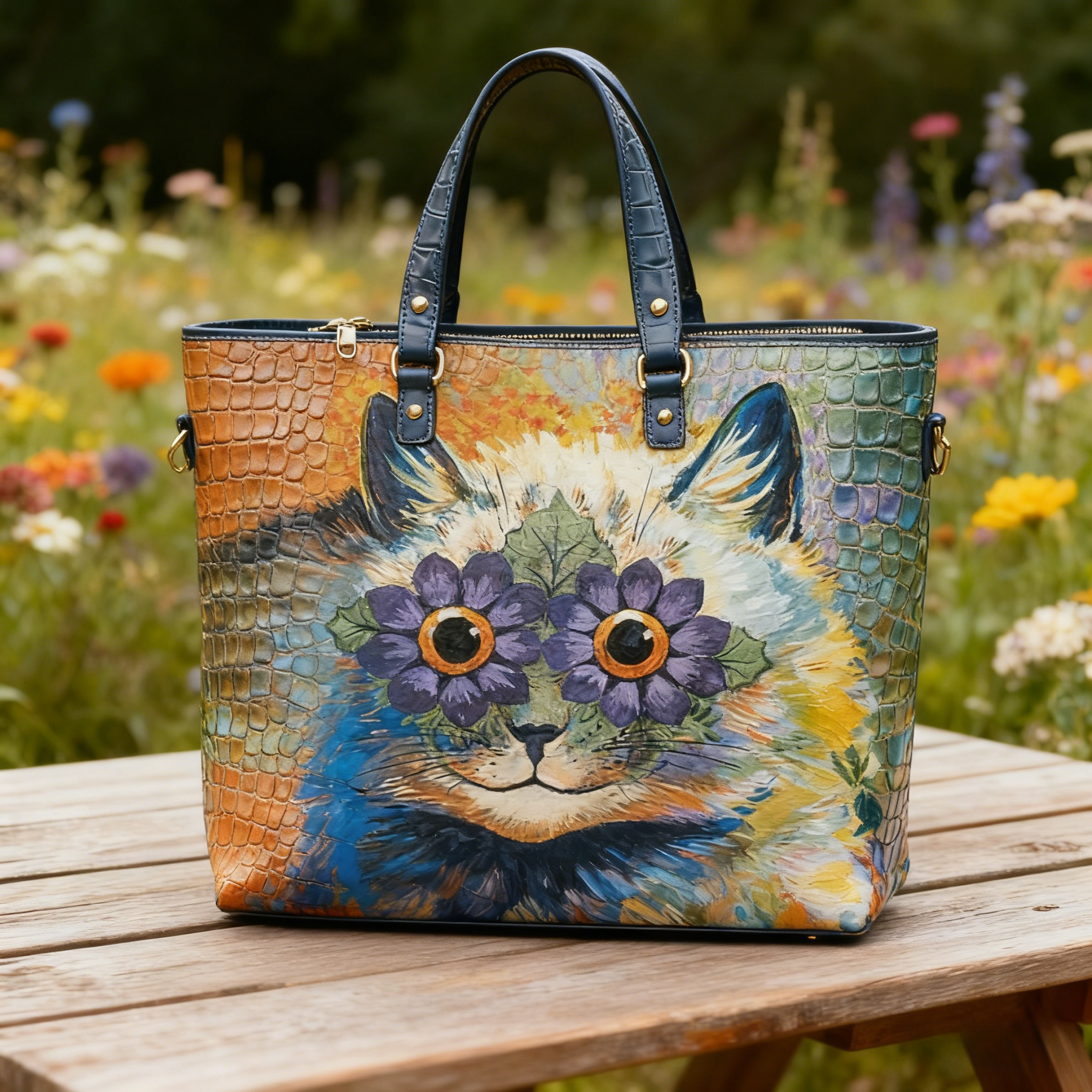 Floral Cat Art Colorful Animal Vegan Leather Tote Bag Crossbody Handbag with Adjustable Strap