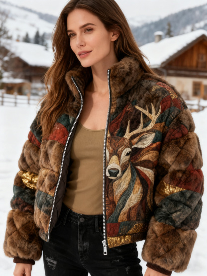 Vintage Deer Velvet Quilted Puffer Jacket 