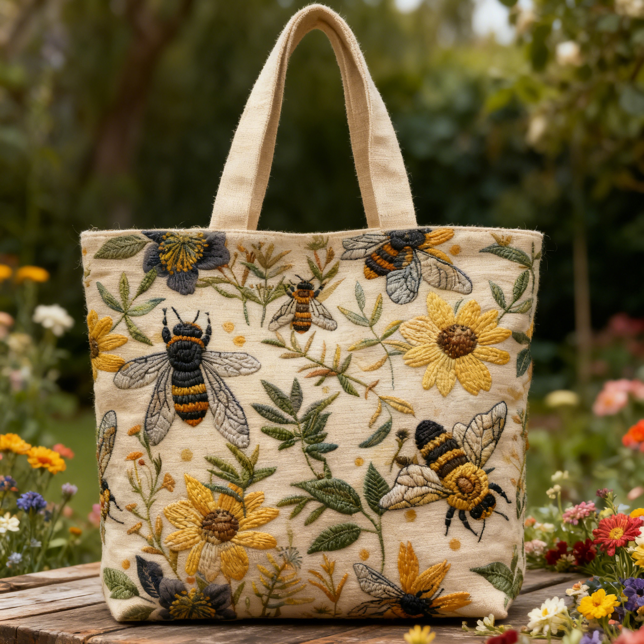 Bumble Bee & Sunflower  3D Embroidery Canvas Tote Bag 