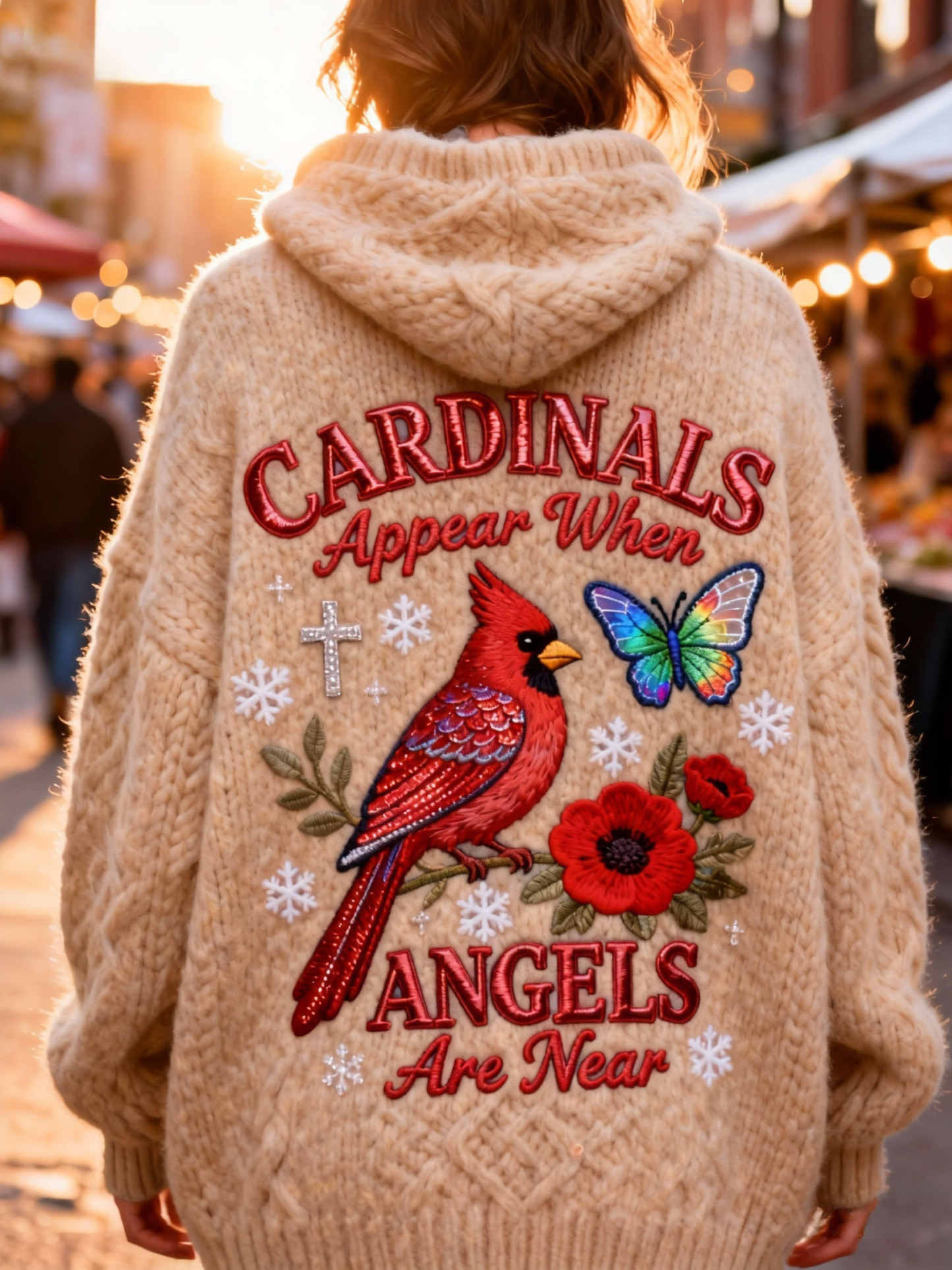 "Cardinals Appear When Angels Are Near" Quote Cardinal Bird & Butterfly Embroidery Knit Sweater Oversized Cozy Soft Pullover