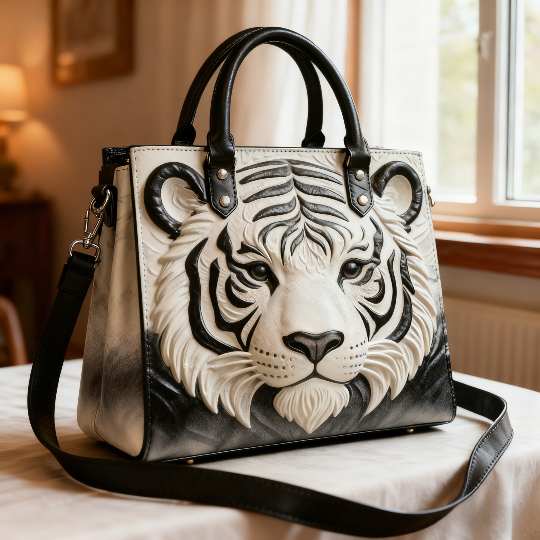 3D White Tiger Embossed Unique Animal Vegan Leather Tote Bag Crossbody Handbag with Adjustable Strap
