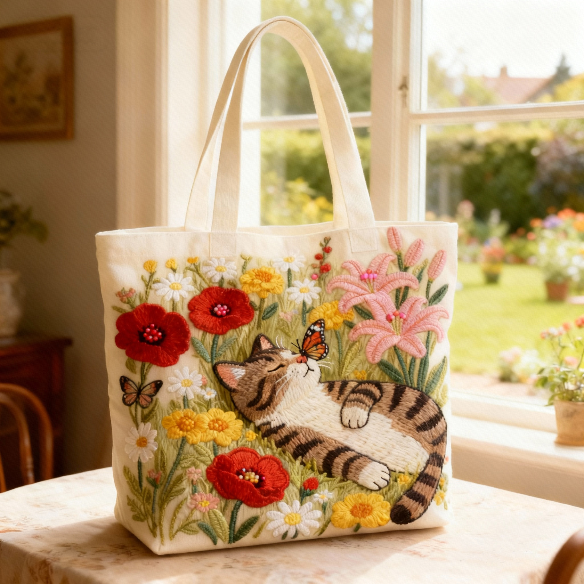 Sleeping Tabby Cat Floral 3D Embroidery Canvas Tote Bag 