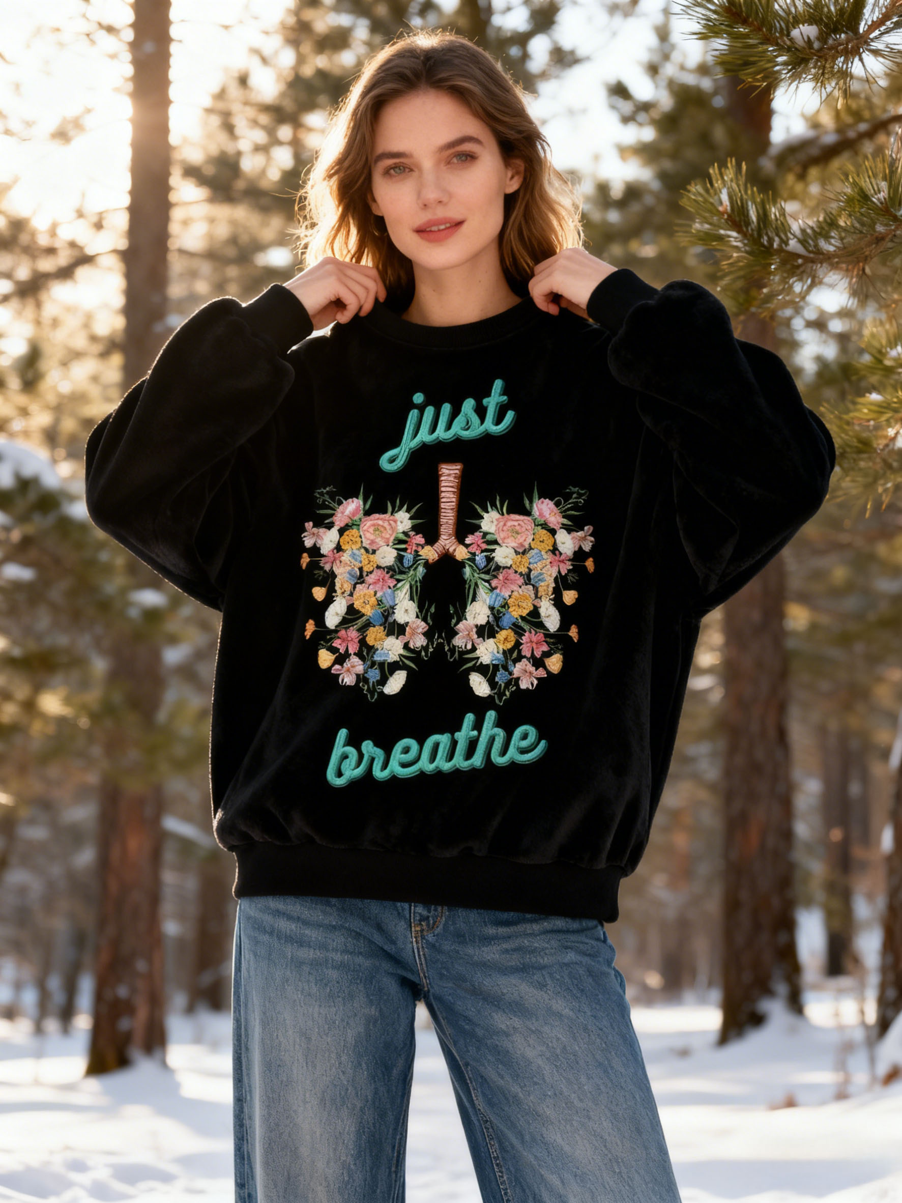 "Just Breathe" Lettering Mint Tie-Dye Fleece Sweatshirt with Floral Lung Embroidery Flannel Oversized Cozy Soft Pullover