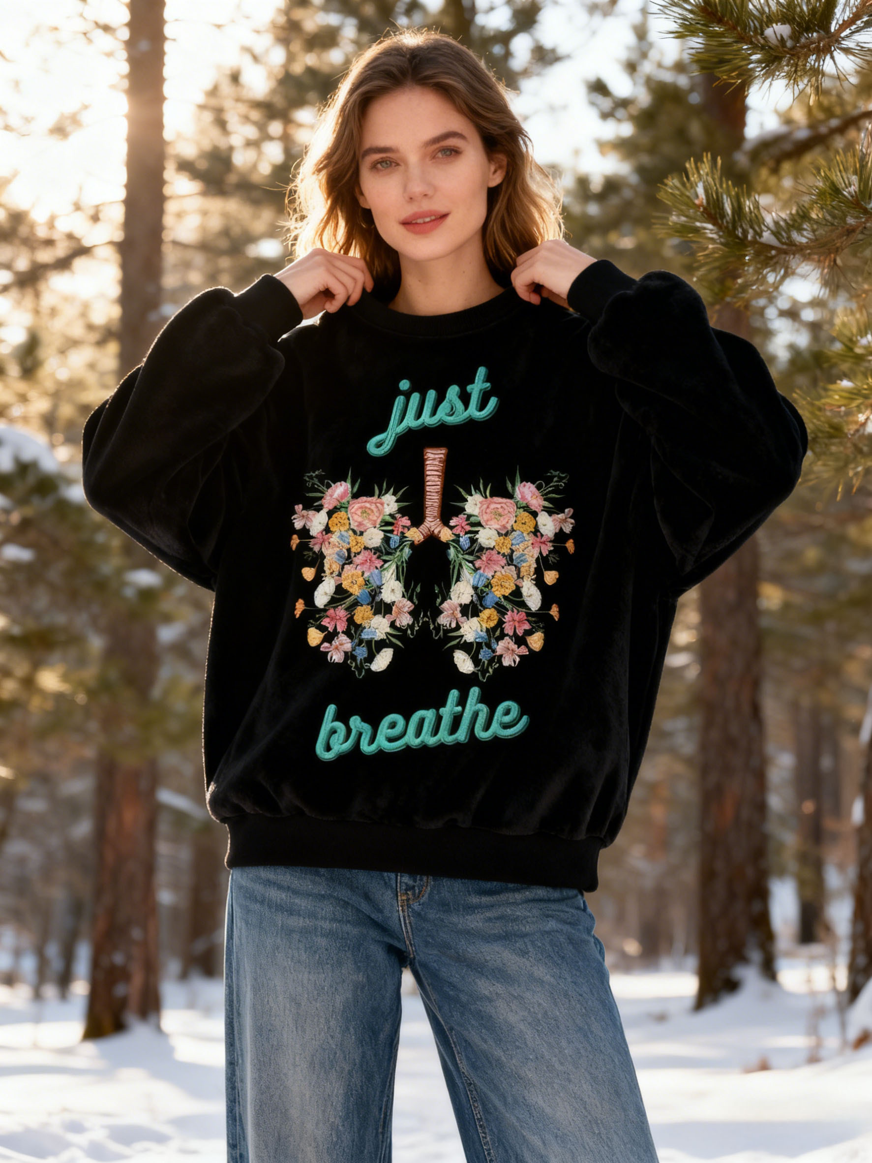 "Just Breathe" Lettering Mint Tie-Dye Fleece Sweatshirt with Floral Lung Embroidery Flannel Oversized Cozy Soft Pullover