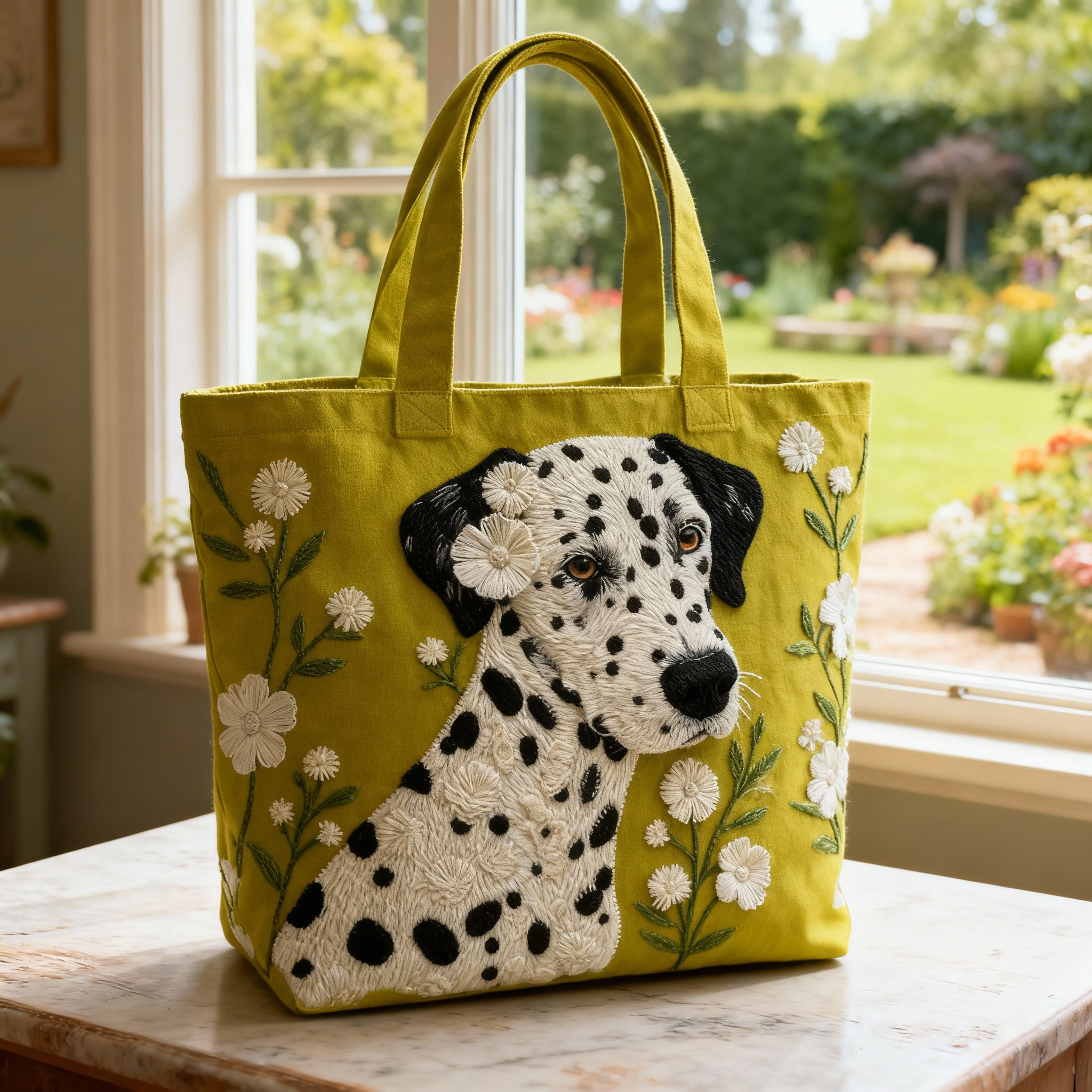 Dalmatian Dog White Flower 3D Embroidery Canvas Tote Bag 