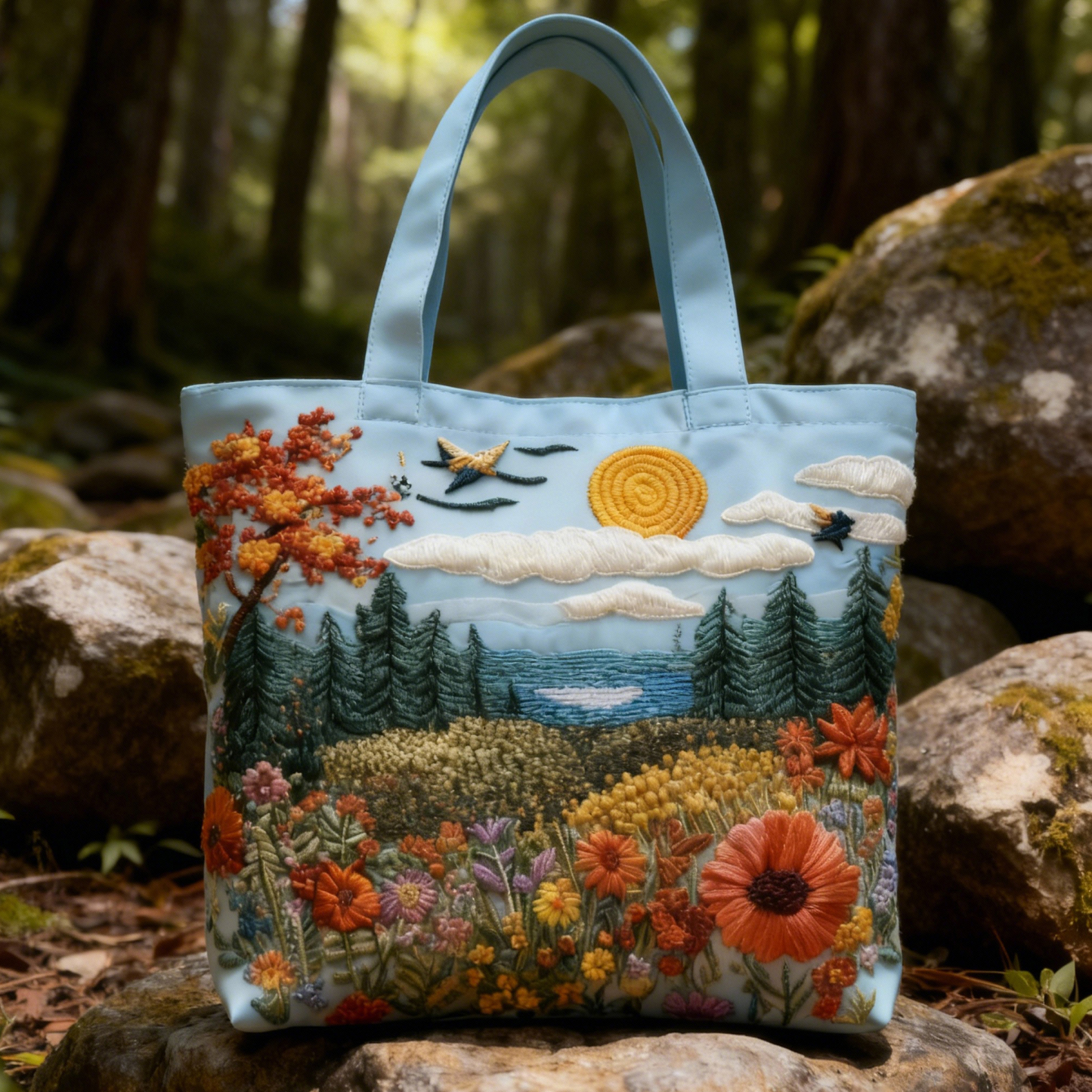 Forest Landscape 3D Embroidery Canvas Tote Bag 