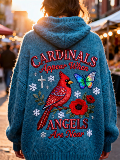 "Cardinals Appear When Angels Are Near" Quote Cardinal Bird & Butterfly Embroidery Knit Sweater Oversized Cozy Soft Pullover