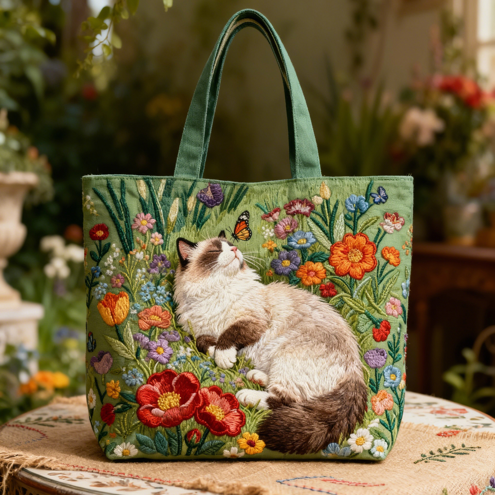Ragdoll Cat Colorful Floral 3D Embroidery Canvas Tote Bag 
