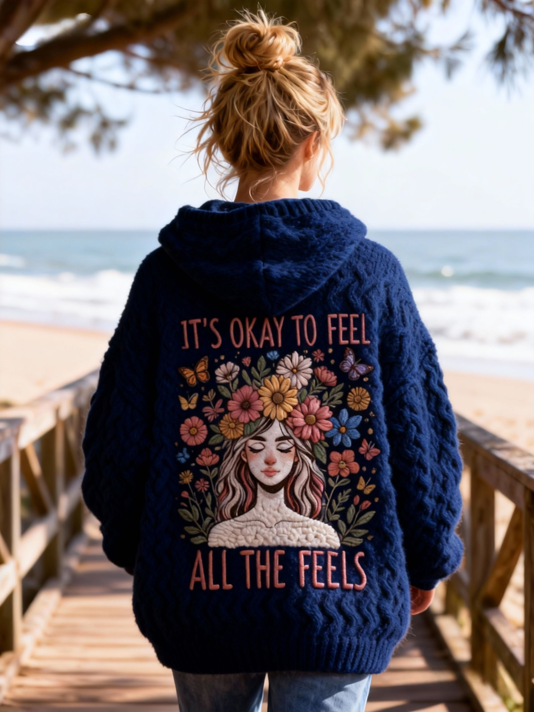 "It's Okay To Feel All The Feels" Lettering Hoodie Sweater with Floral Girl Embroidery Oversized Cozy Soft Pullover