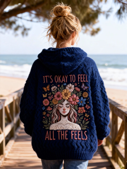 "It's Okay To Feel All The Feels" Lettering Hoodie Sweater with Floral Girl Embroidery Oversized Cozy Soft Pullover
