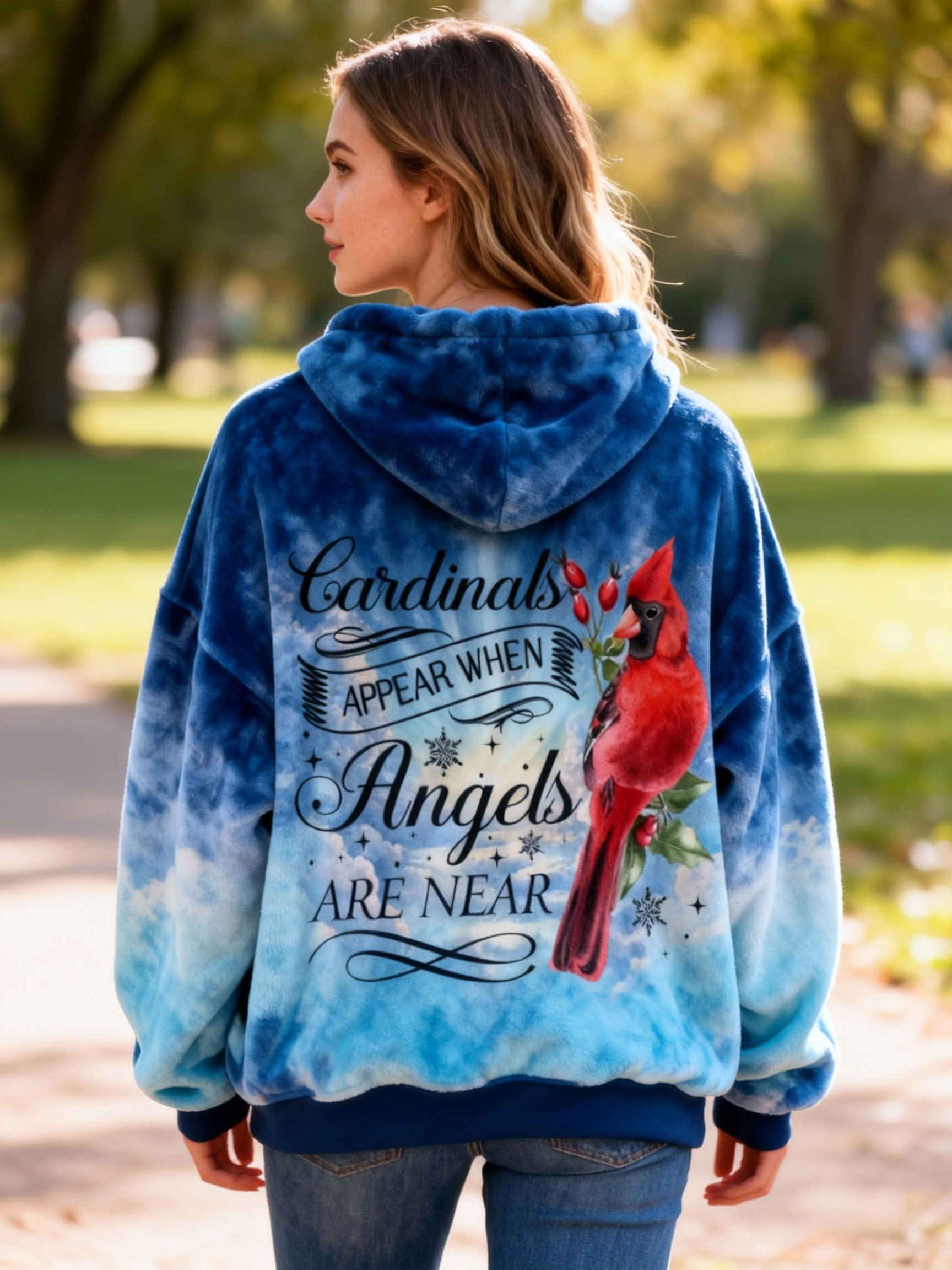"Cardinals Appear When Angels Are Near" Cardinal Bird Embroidery Tie-dye Fleece Sweatshirt Flannel Oversized Cozy Soft Pullover