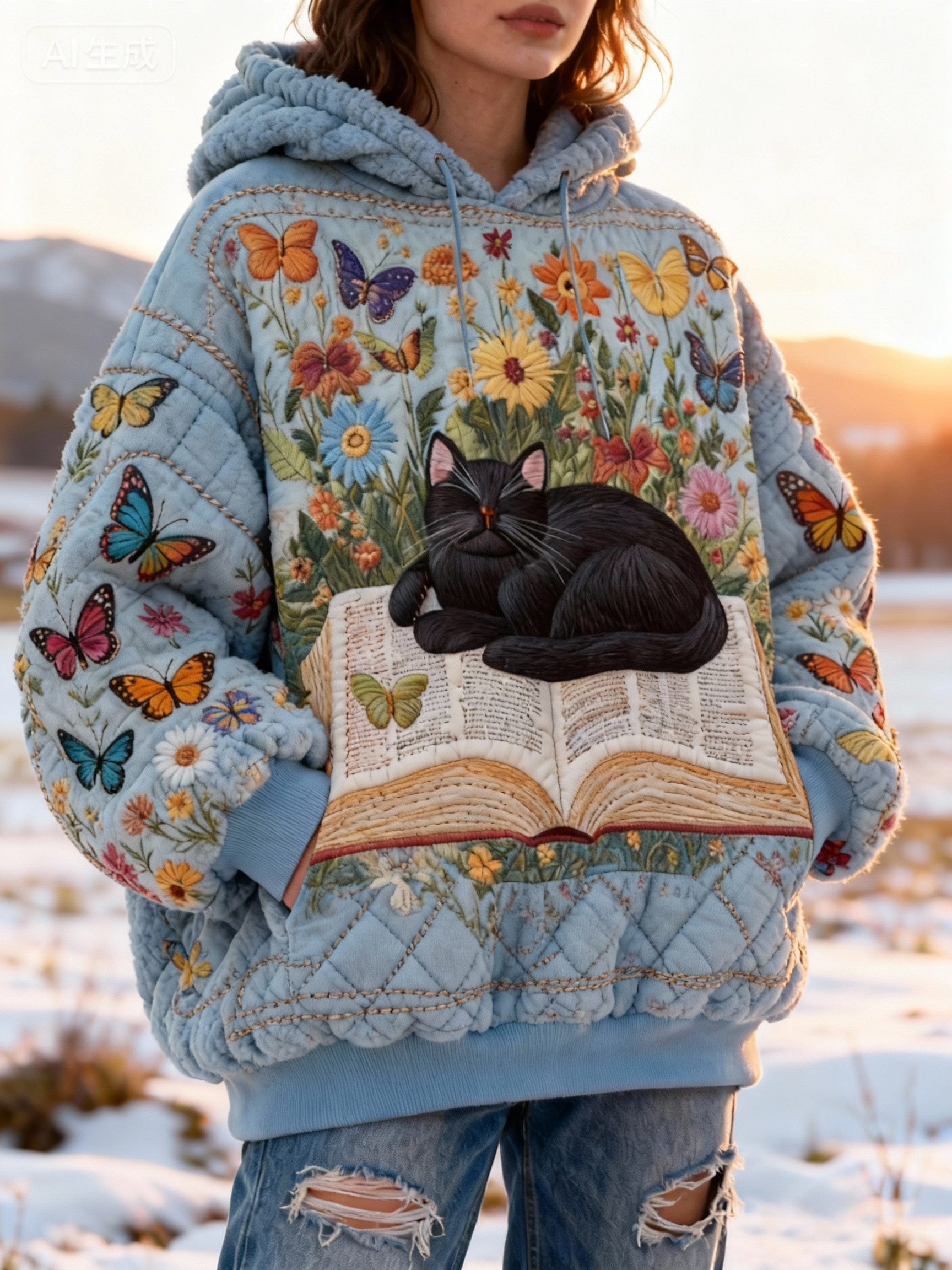 Vintage Black Cat on Open Book Pattern Oversized Quilted Hoodie