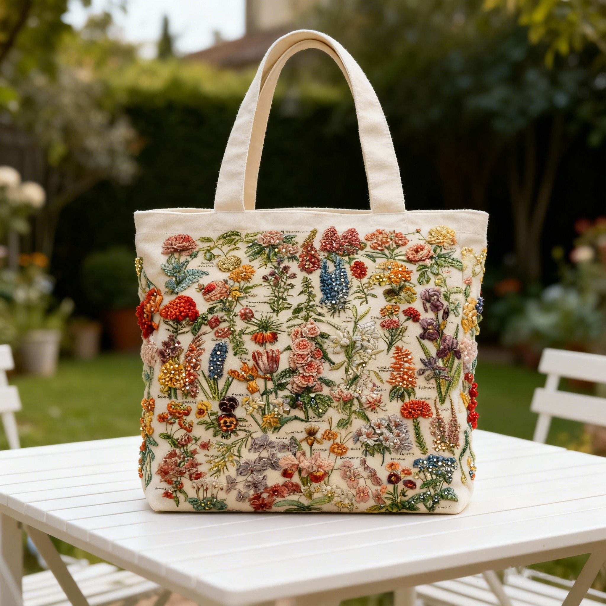 Vintage Botanical Floral Handcrafted 3D Embroidery Beaded Canvas Tote Bag 