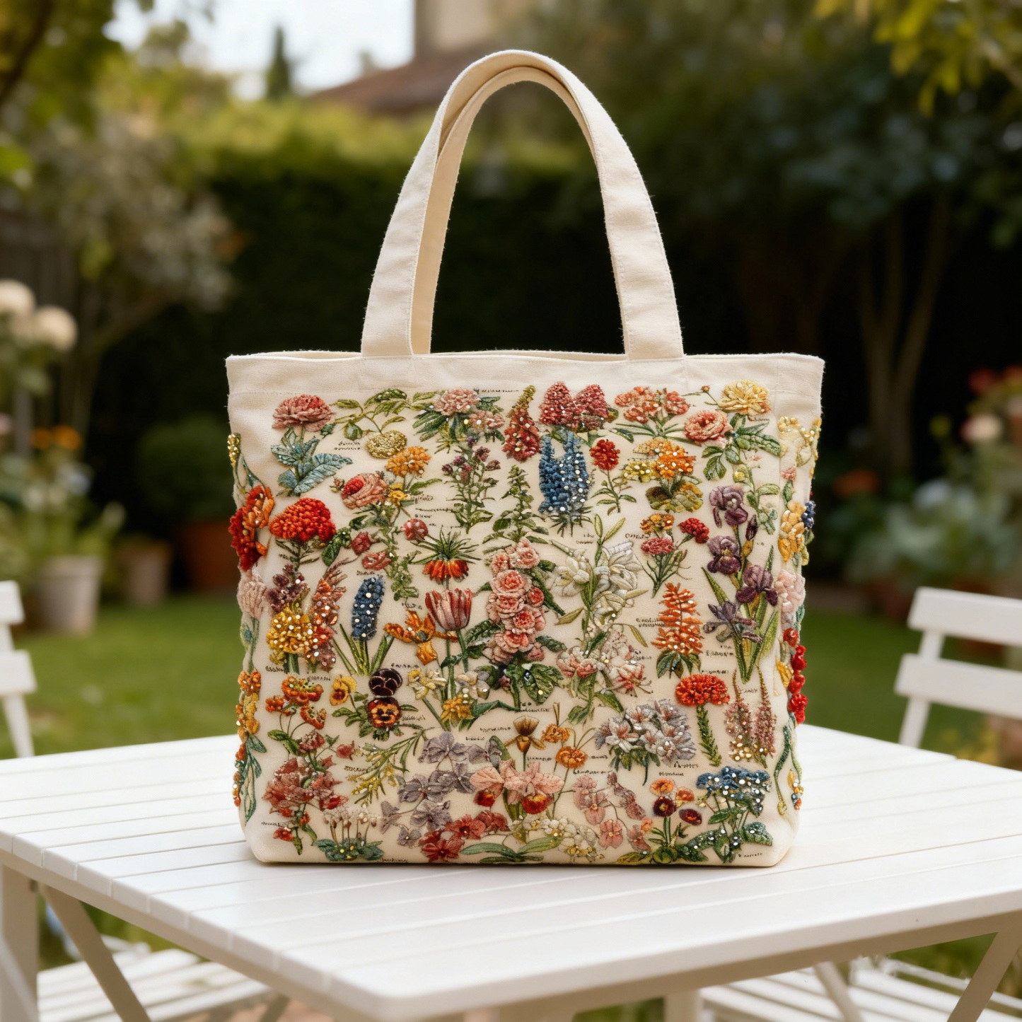 Vintage Botanical Floral Handcrafted 3D Embroidery Beaded Canvas Tote Bag 