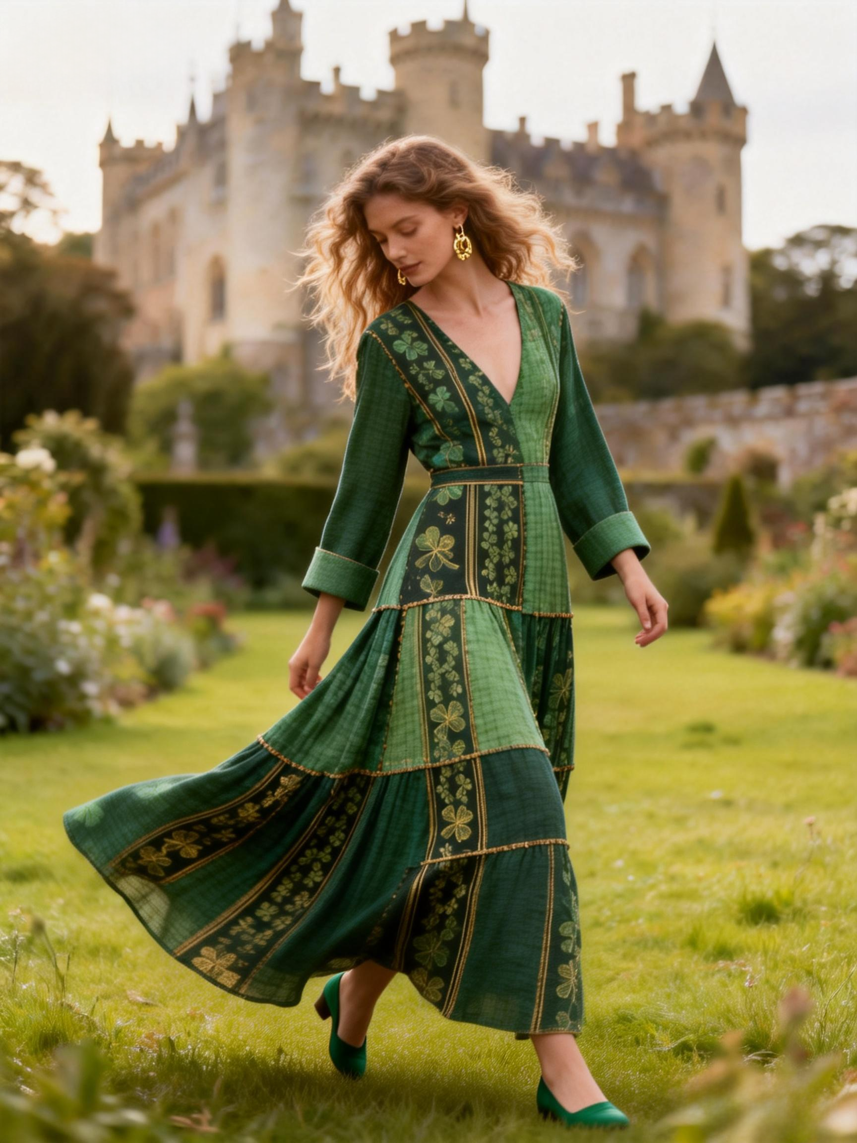 Clover Plaid Panel Print V-neck Long Sleeve Linen Maxi Dress