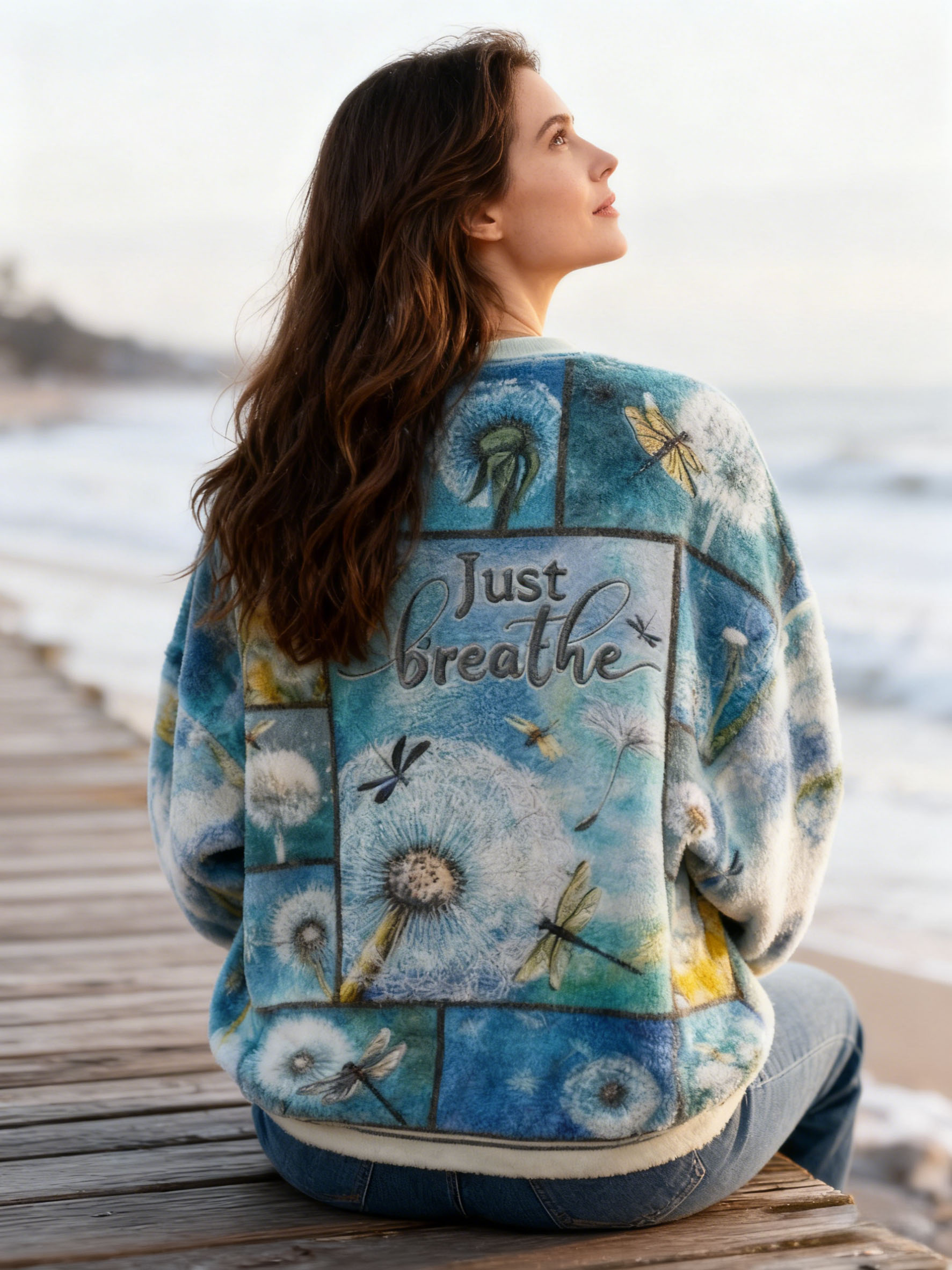 "Just Breathe" Tie-Dye Fleece Pullover with Dandelion & Dragonfly Print Flannel Affirmations Mental Health Awareness Hoodie
