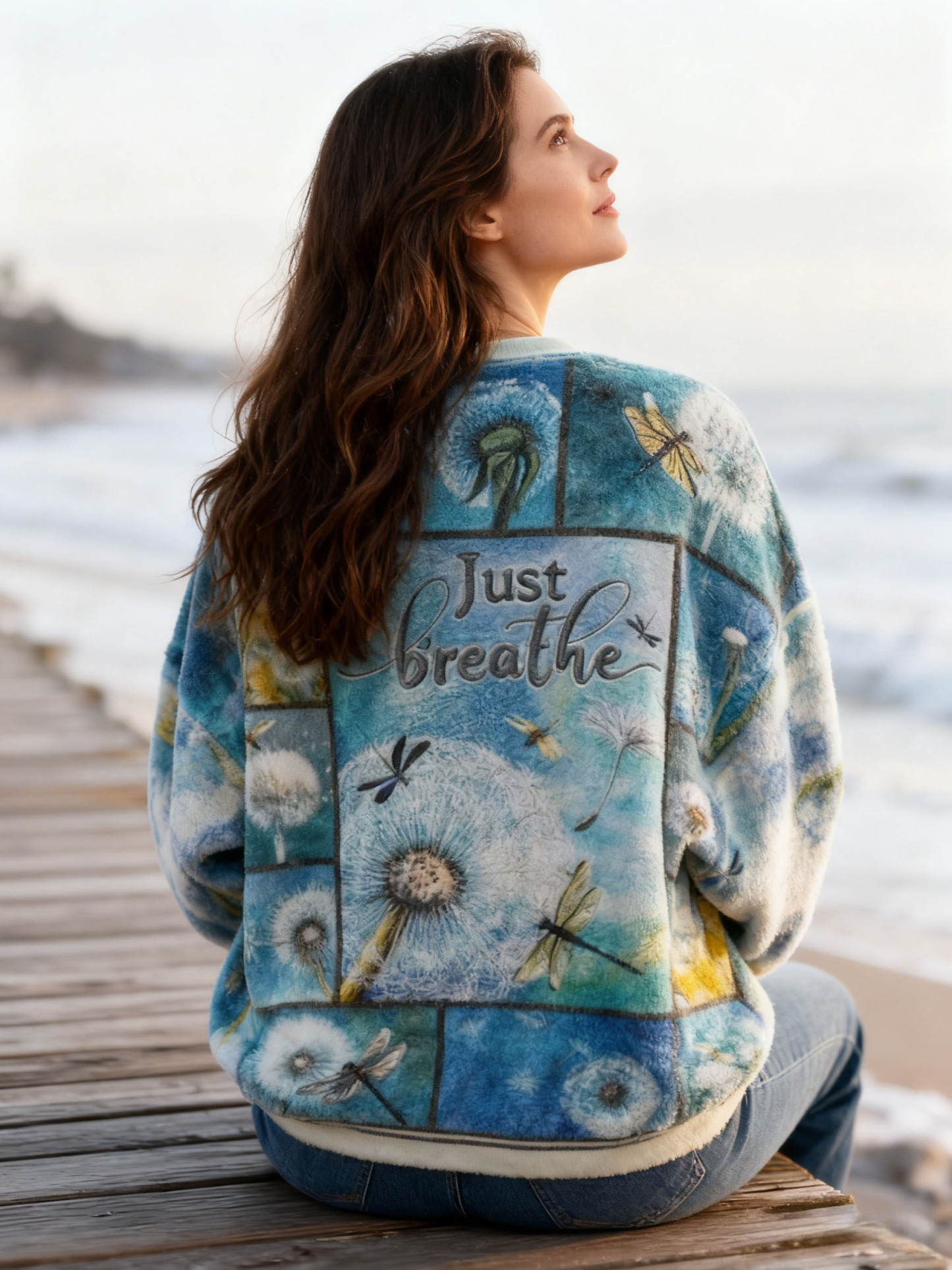 "Just Breathe" Tie-Dye Fleece Pullover with Dandelion & Dragonfly Print Flannel Affirmations Mental Health Awareness Hoodie