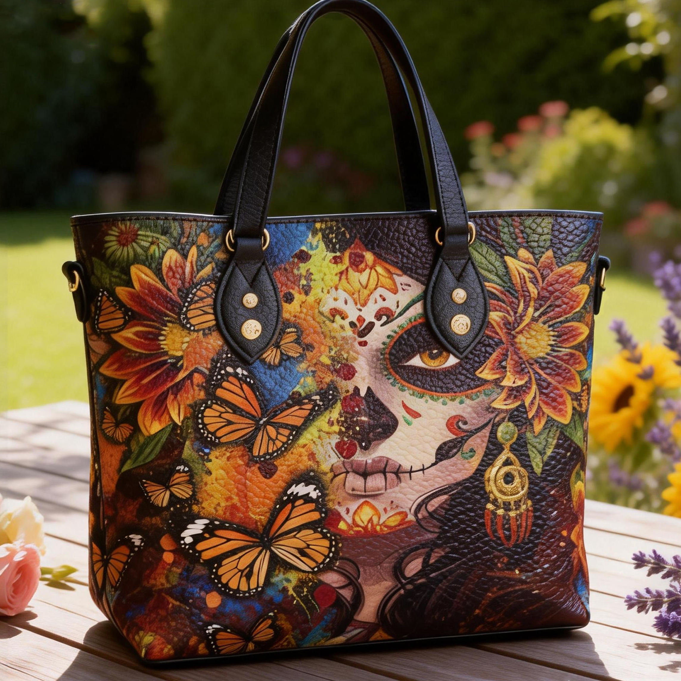 Sugar Skull & Monarch Butterfly Print Vegan Leather Tote Bag Crossbody Handbag with Adjustable Strap