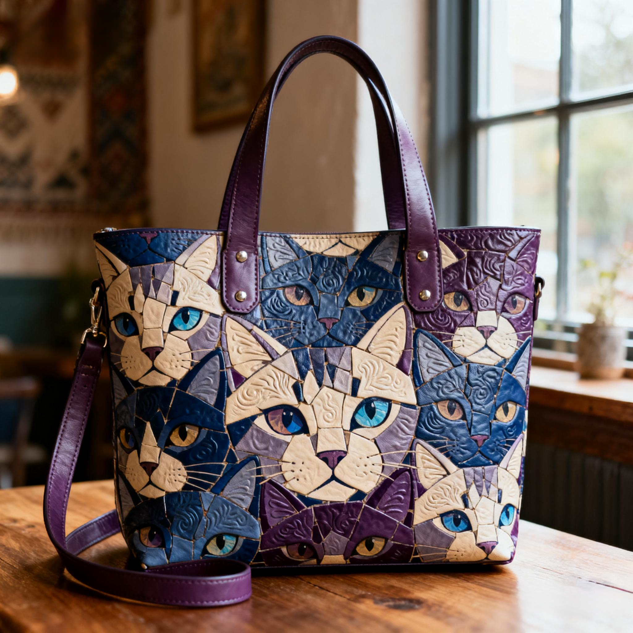 Vintage Mosaic Geometric Relief Cat Vegan Leather Tote Bag Crossbody Handbag with Adjustable Strap