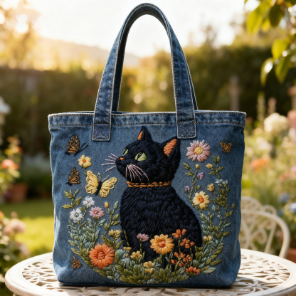 Black Cat & Butterfly Floral  3D Embroidery Denim Tote Bag 