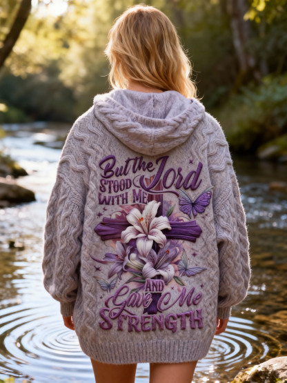 "But the Lord Stood With Me And Gave Me Strength" Quote Lily & Cross Embroidery Knit Hooded Sweater Cardigan 