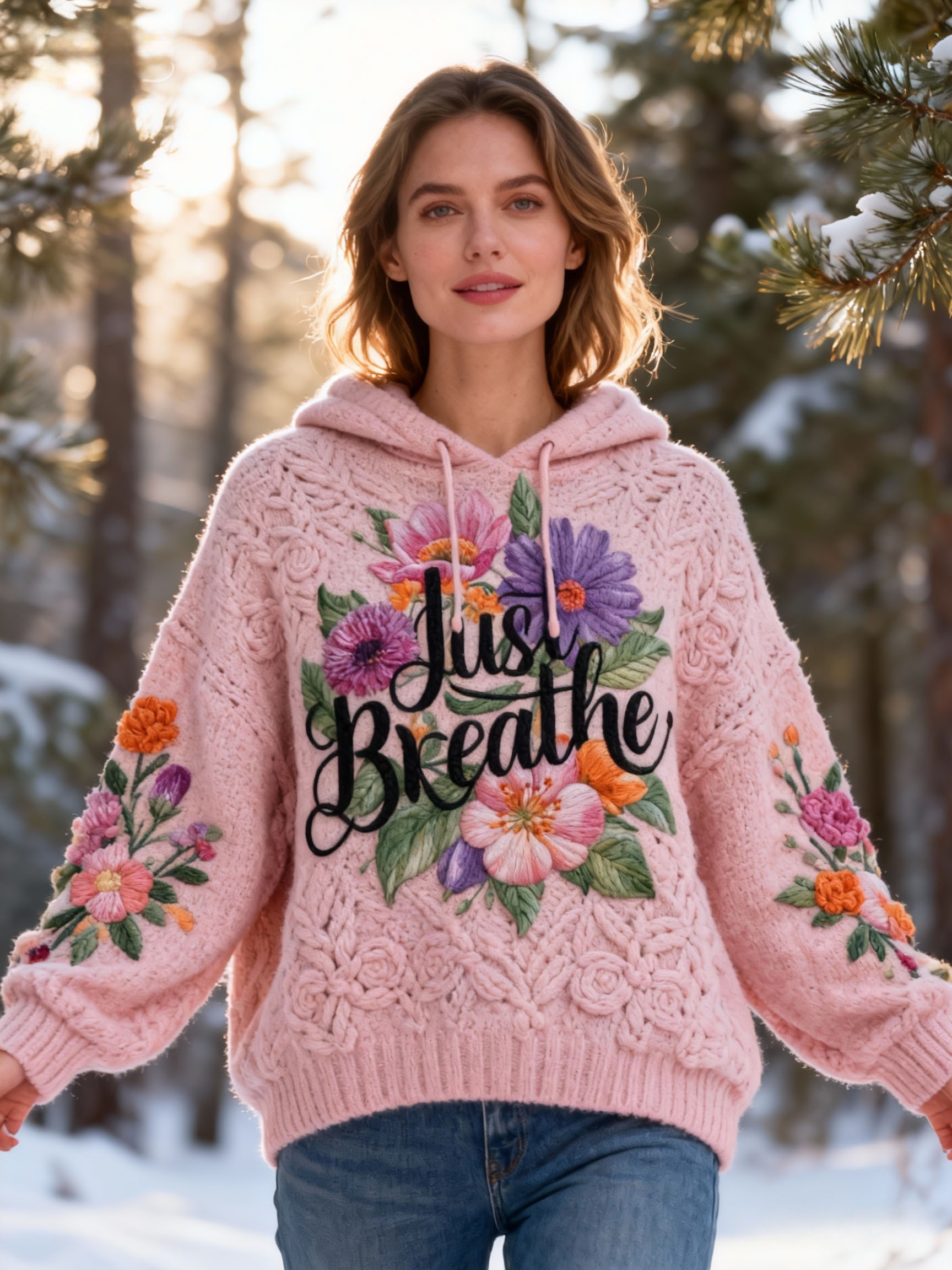 "Just Breathe" Lettering Floral Embroidery Knit Hooded Sweater Oversized Cozy Soft Pullover
