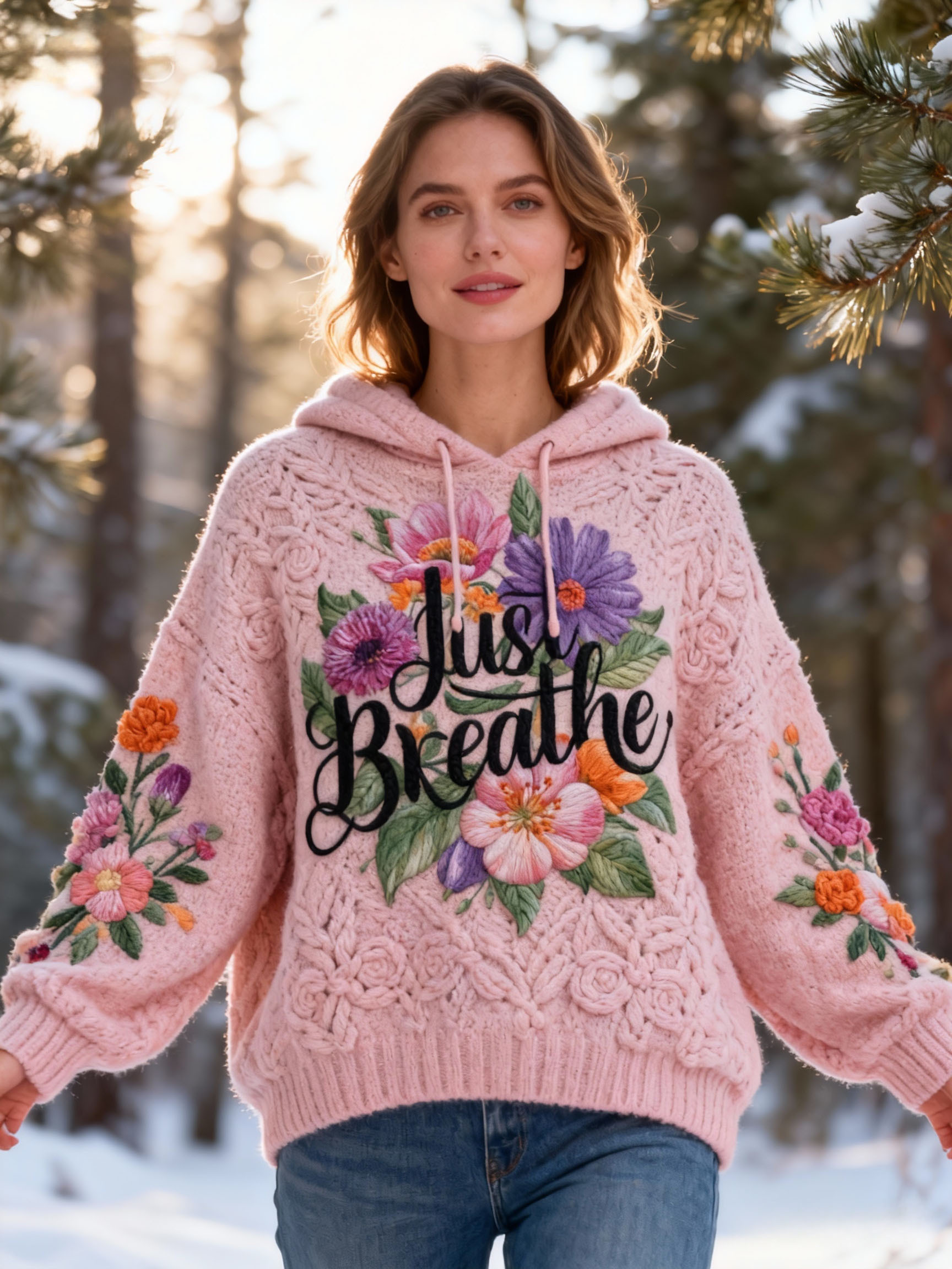 "Just Breathe" Lettering Floral Embroidery Knit Hooded Sweater Oversized Cozy Soft Pullover