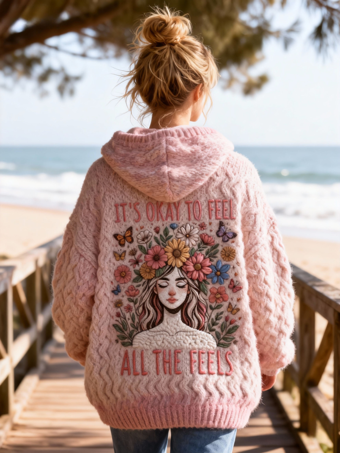 "It's Okay To Feel All The Feels" Lettering Hoodie Sweater with Floral Girl Embroidery Oversized Cozy Soft Pullover