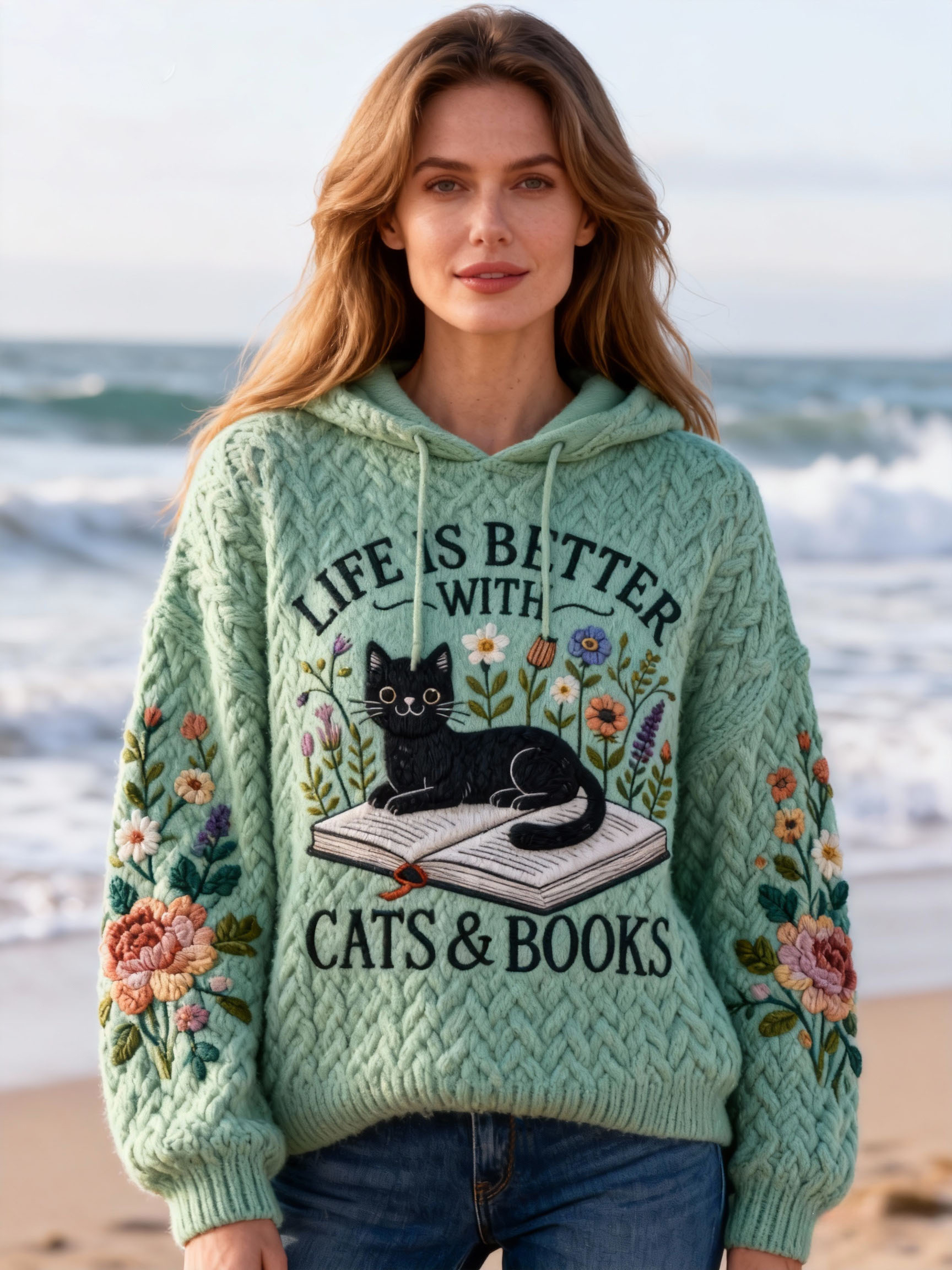"Life Is Better With Cats & Books" Lettering Black Cat & Book Embroidery Knit Hooded Sweater Oversized Cozy Soft Pullover