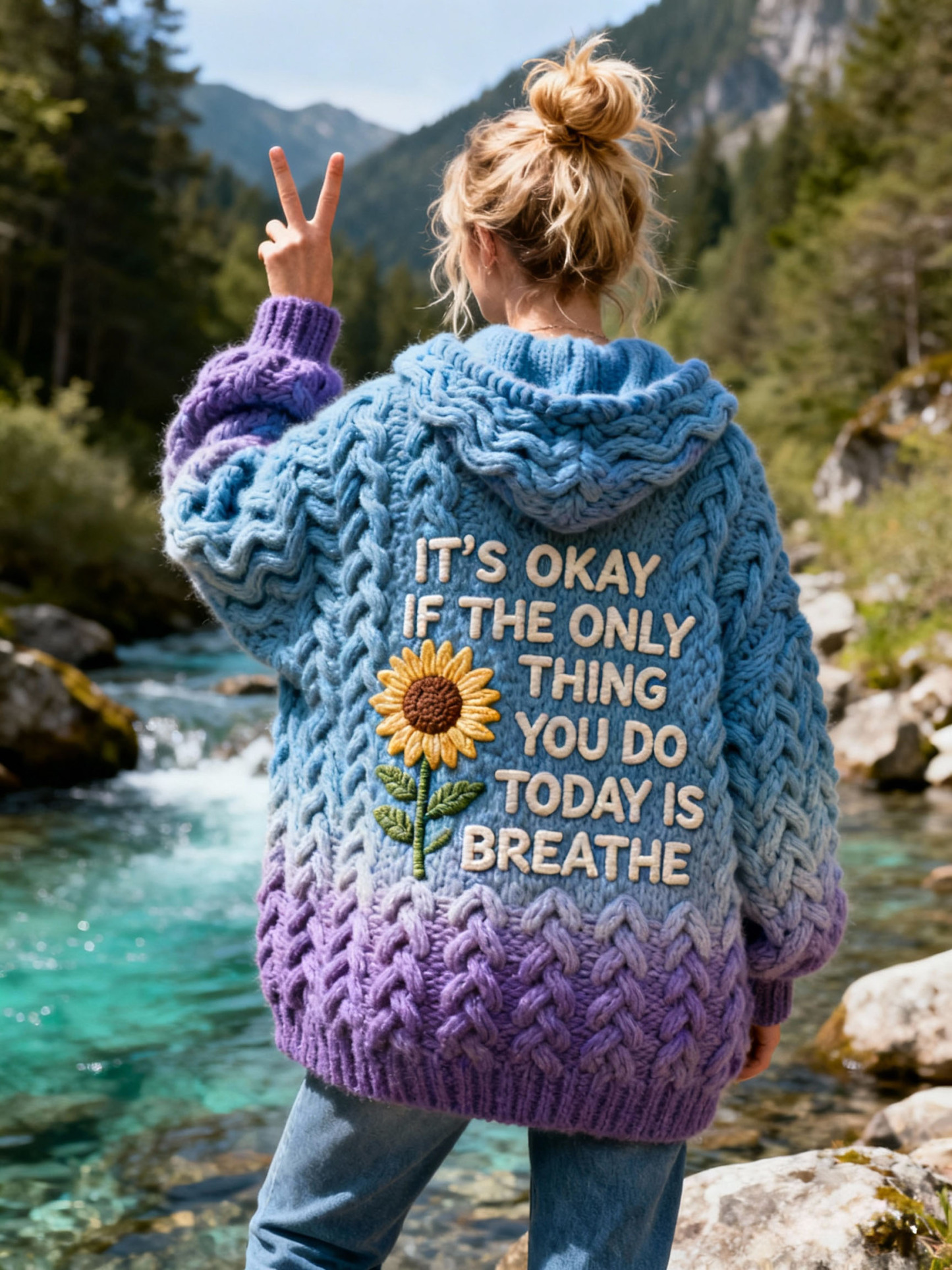 "It's Okay If The Only Thing You Do Today Is Breathe" Quote Sunflower Embroidery Tie-dye Knit Hooded Sweater Cardigan 