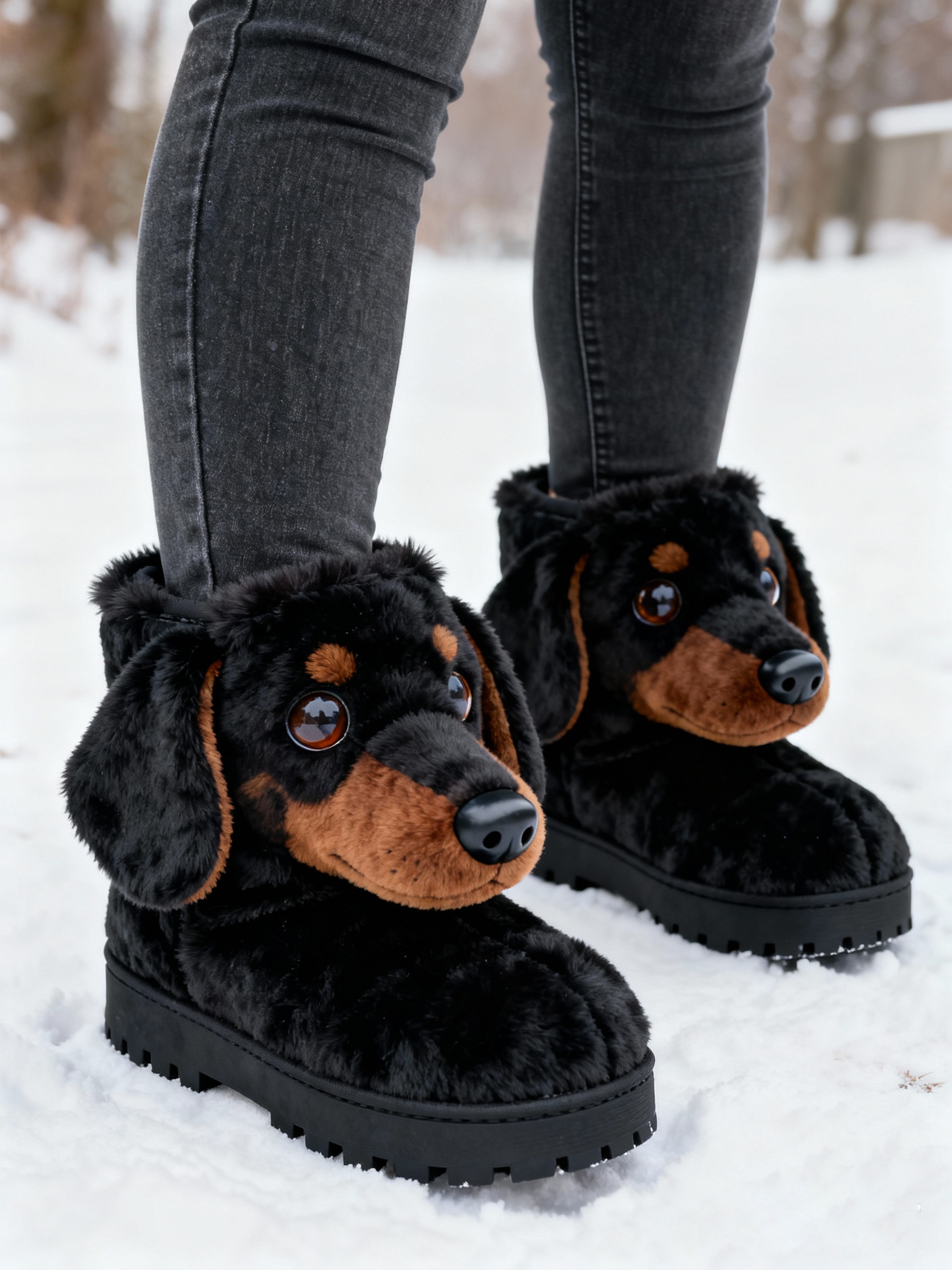 3D Cute Dachshund Plush Snow Boots Fleece-Lined Non-slip Thick-soled Boots