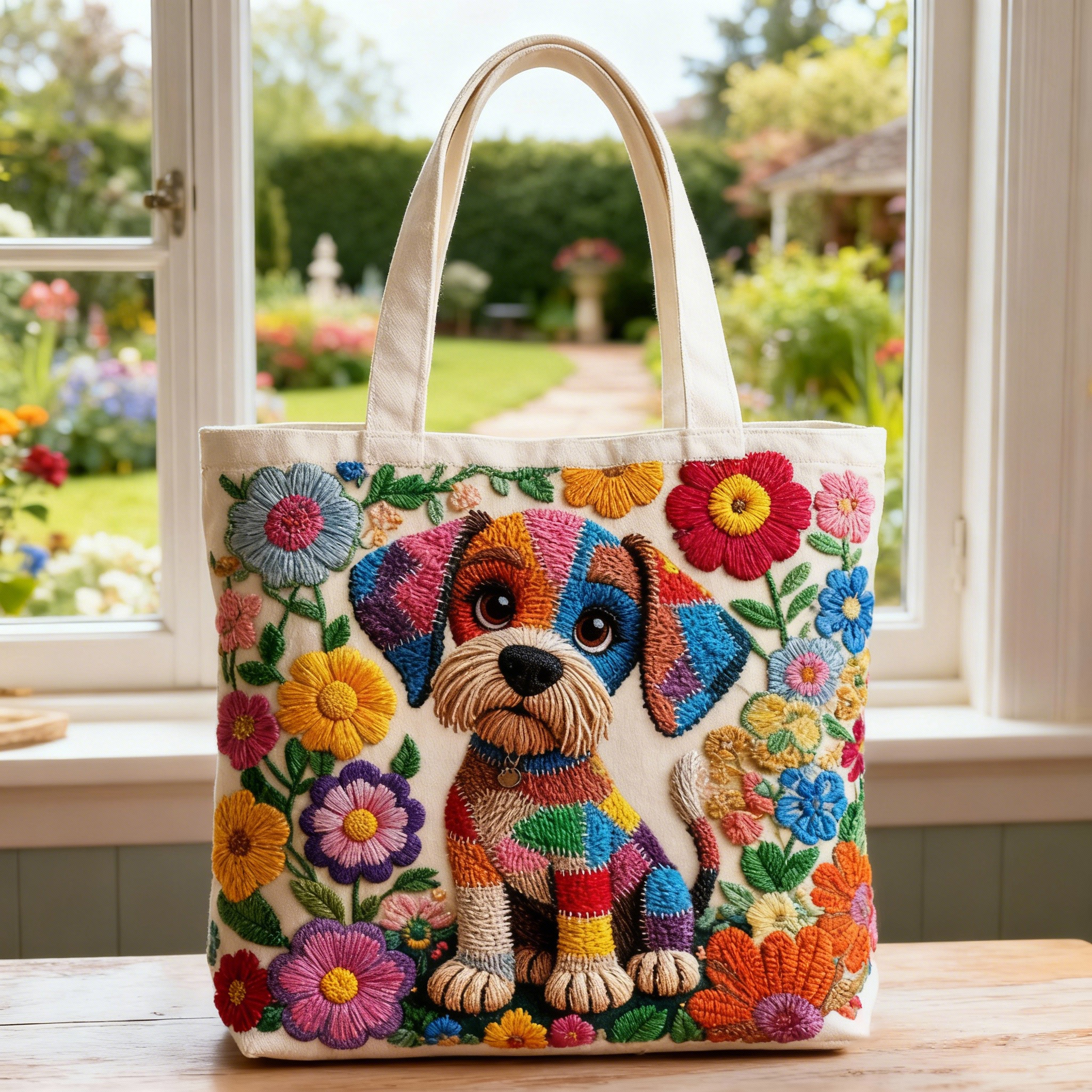 Whimsical Colorful Puppy Floral Handcrafted 3D Embroidery Canvas Tote Bag 
